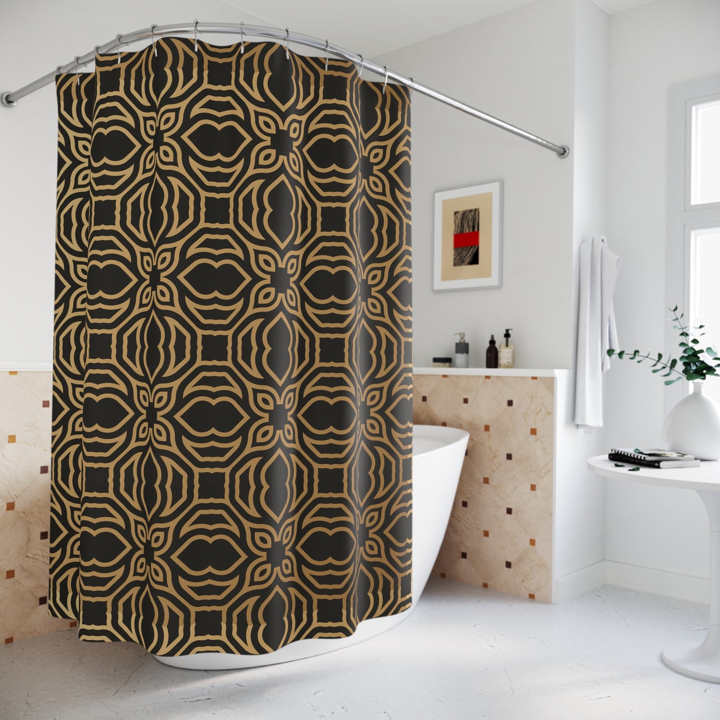 Black Gold Elegant Patterned Shower Curtain - Boho Chic Bathroom Decor, Modern Home, Gift Idea, Unique Design, Stylish & Functional