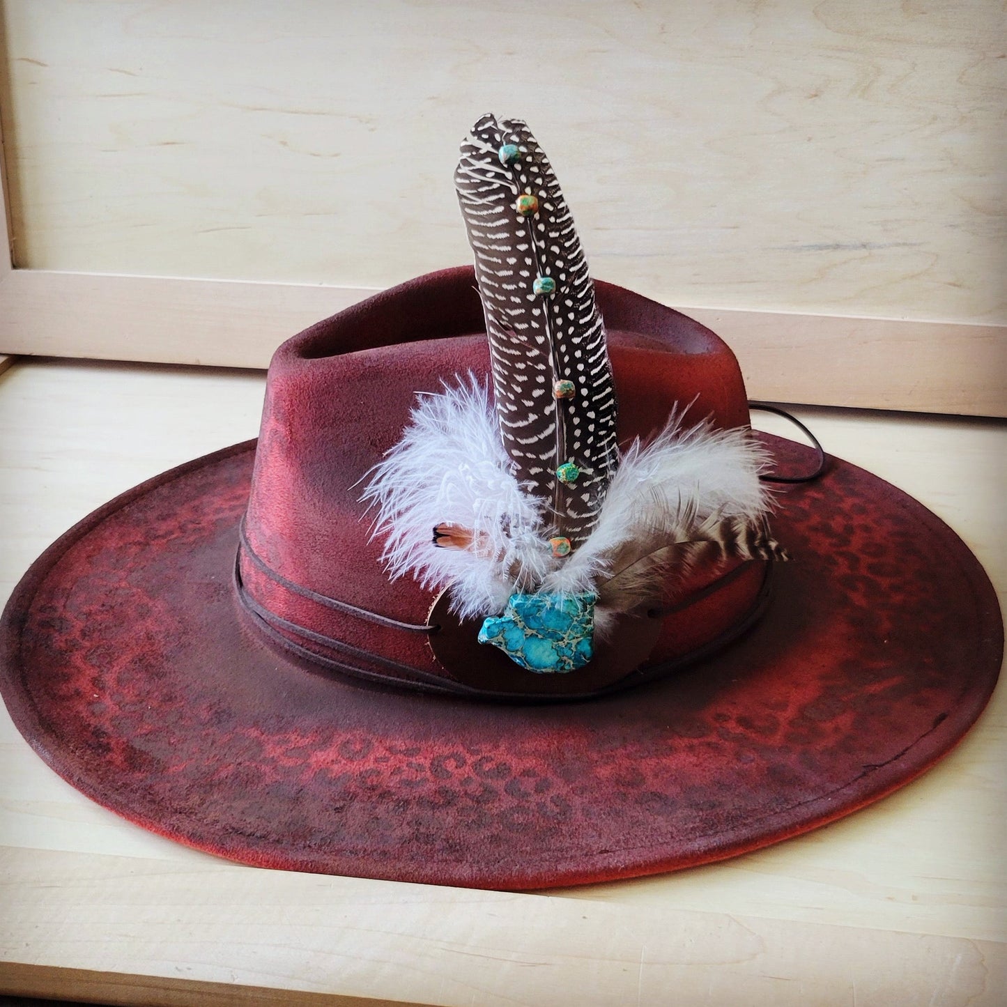 Hand-Painted Leopard Boho Western Cowgirl Hat & Band-Red 987k