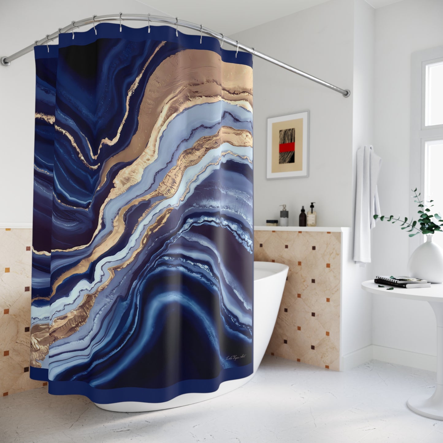 Geode Layers Shower Curtain, Blue Gold White Bathroom Decor, Unique Printed Bath Curtain, Luxury Spa Ornaments, Elegant Bathroom Accessories