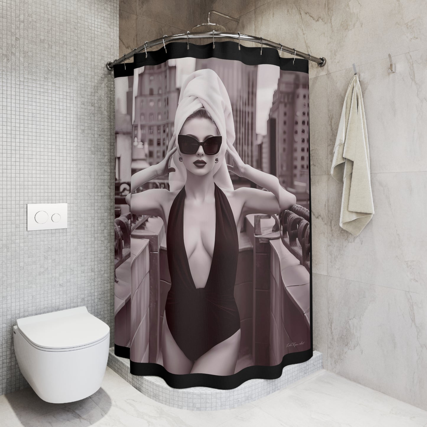 Fashionista Glamour Shower Curtain - Sepia Toned Fine Art Photography, NYC Rooftop Deck, Bathroom Decor