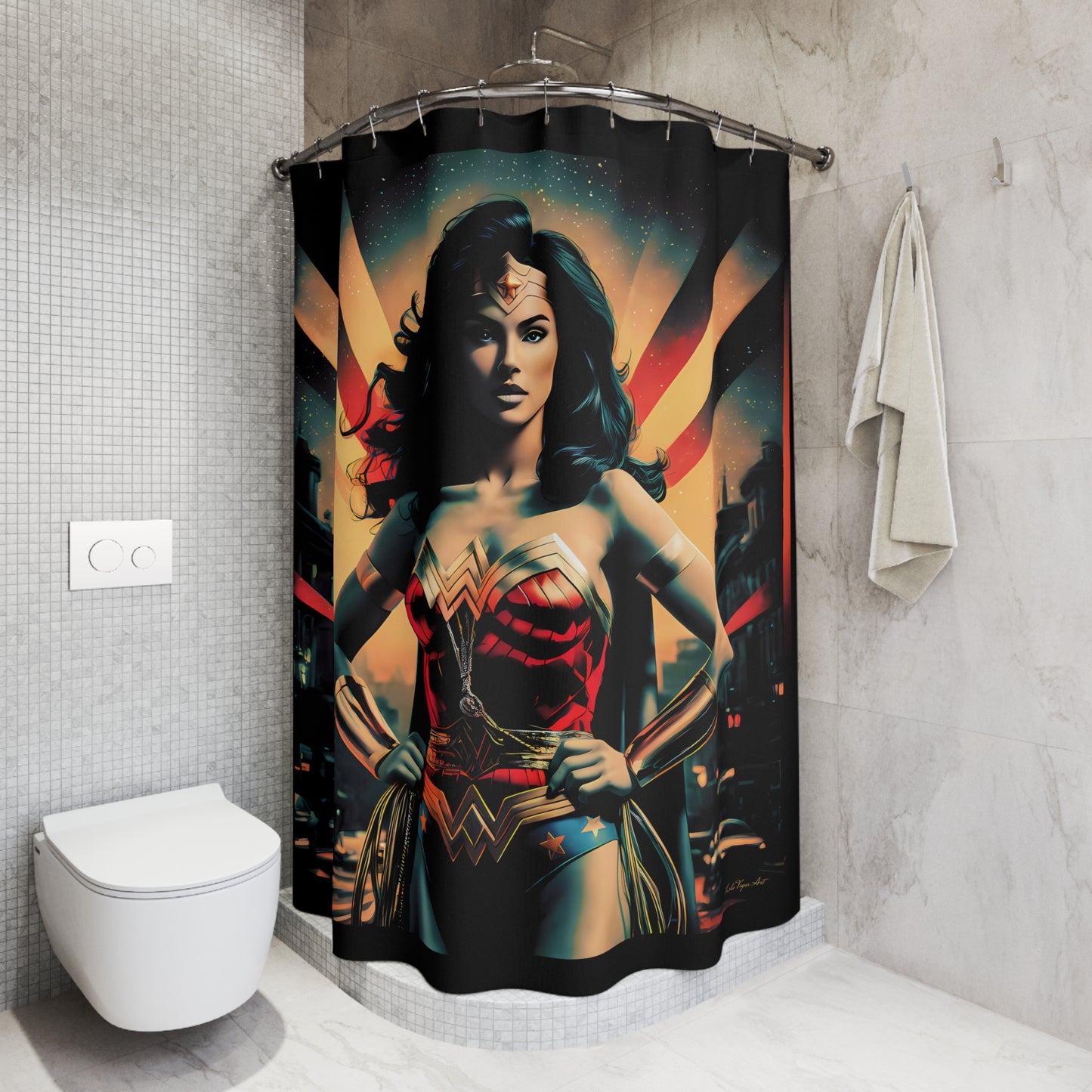 Wonder Woman Shower Curtain, Female Empowerment Comic Book Retro Art Bathroom Accessories, Superhero Bath Decor, Geeky Home Decor, Unique