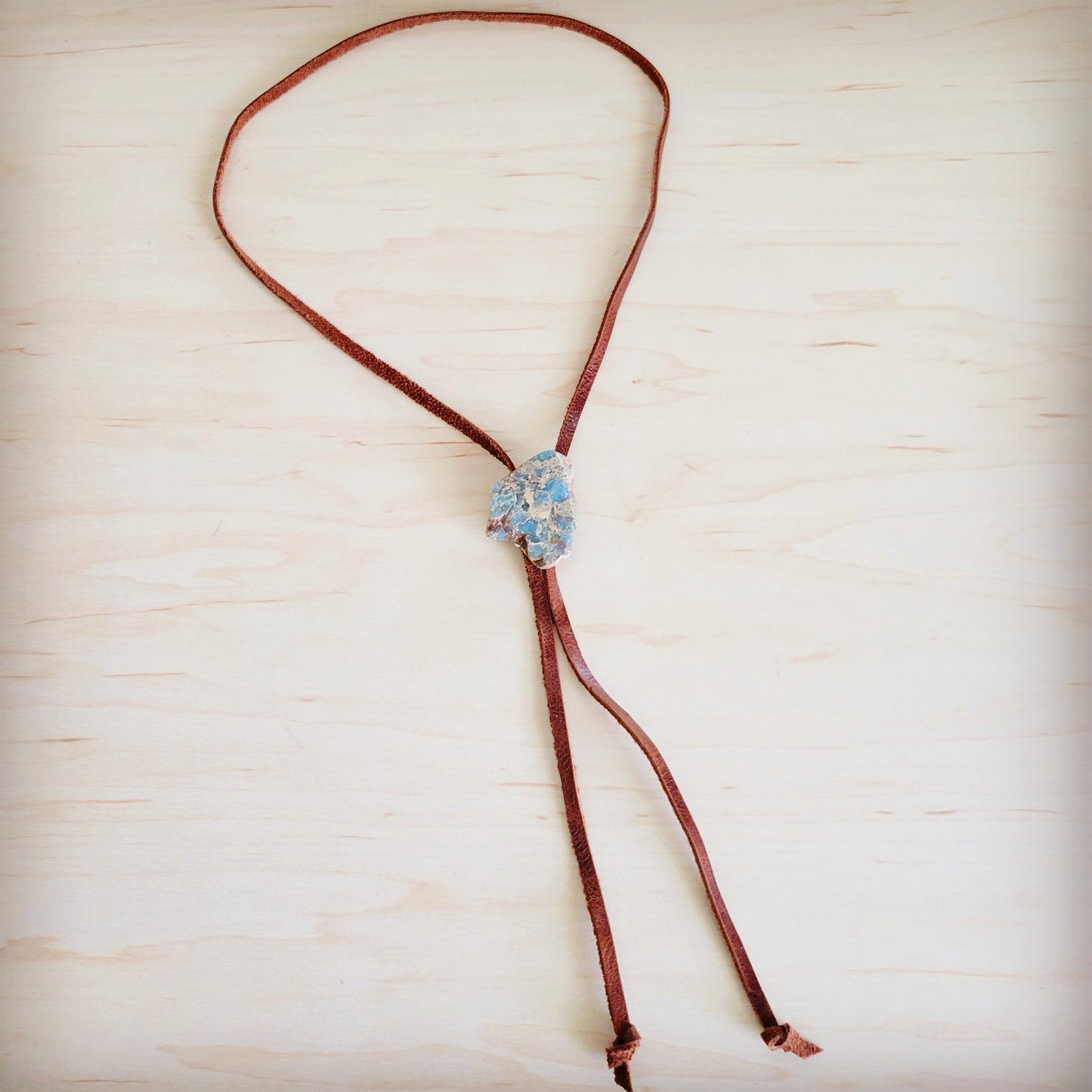 Leather Lariat Boho Necklace w/ Aqua Terra Slab Accent 264e