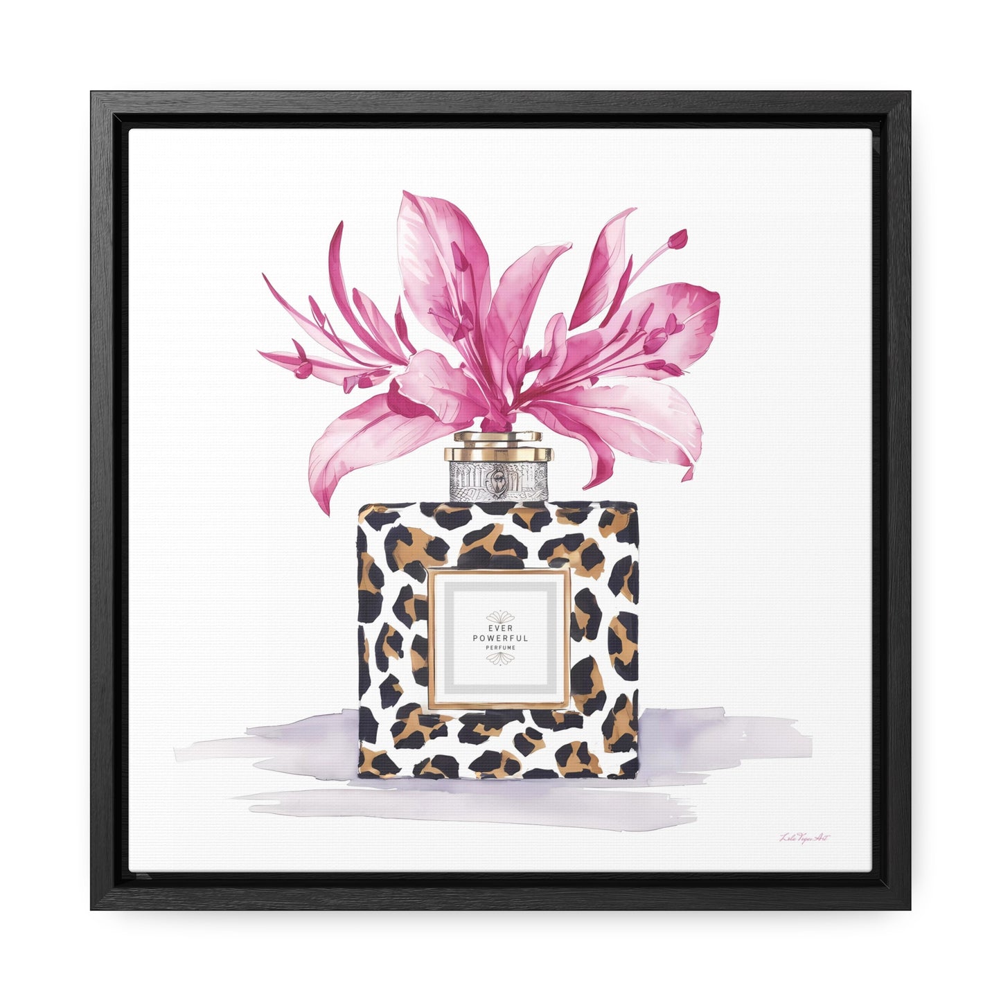 Square Frame Canvas Wall Art, Leopard Print Perfume Bottle with Pink Flowers, Feminine Fashion Decor - Gallery Canvas Wraps, Home Office