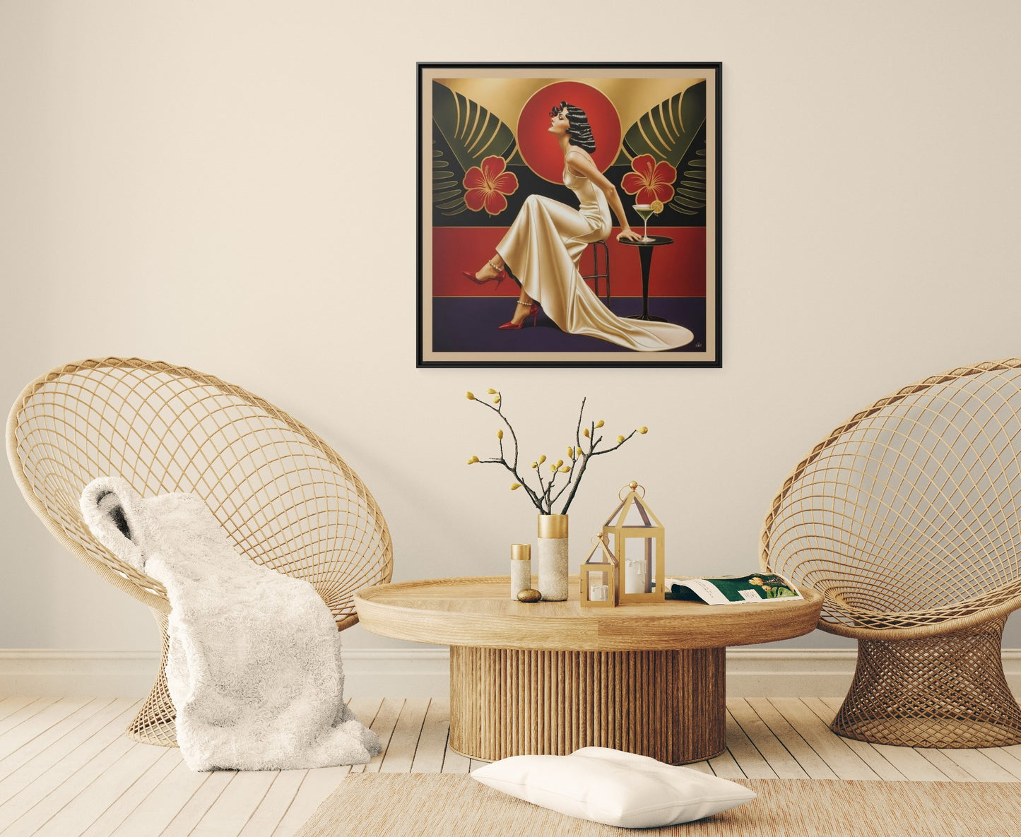 Art Deco Lady Red Green Beige Tropical Canvas Framed Wall Art | Matte Print
