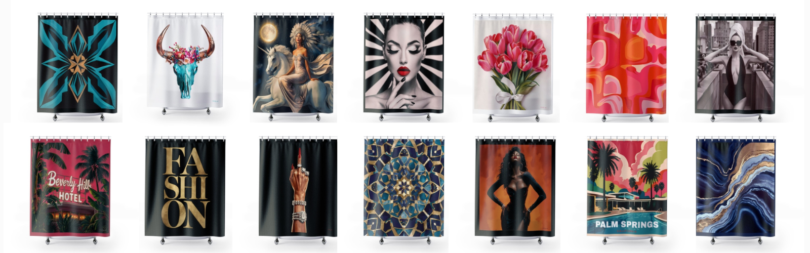 12 graphic art LOLA VEGAS ART  shower curtains in 2 rows of 6.