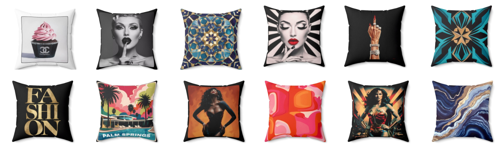 12 graphic art LOLA VEGAS ART  throw pillows in 2 rows of 6.