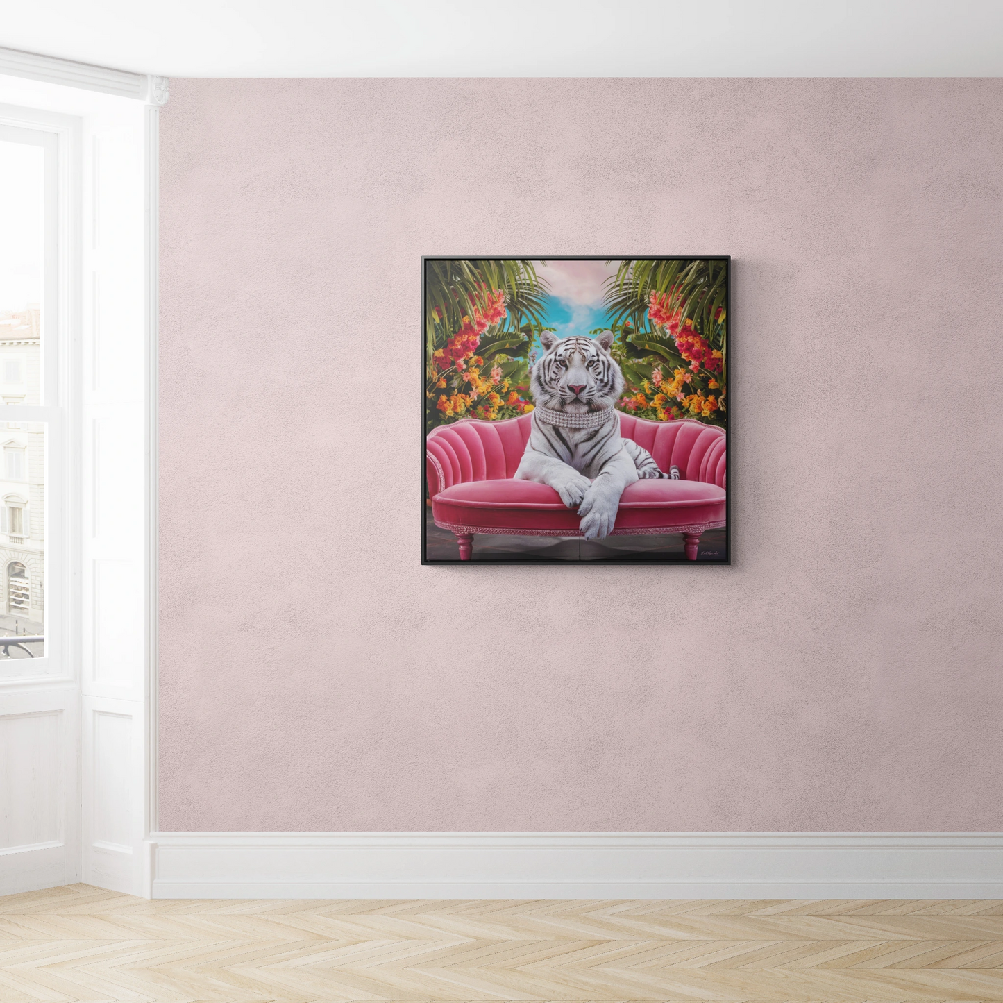 Square Frame Wall Art, Majestic White Tiger Diamond Collar Pink Velvet Couch Canvas, Tropical Flowers, Gallery Canvas Wraps