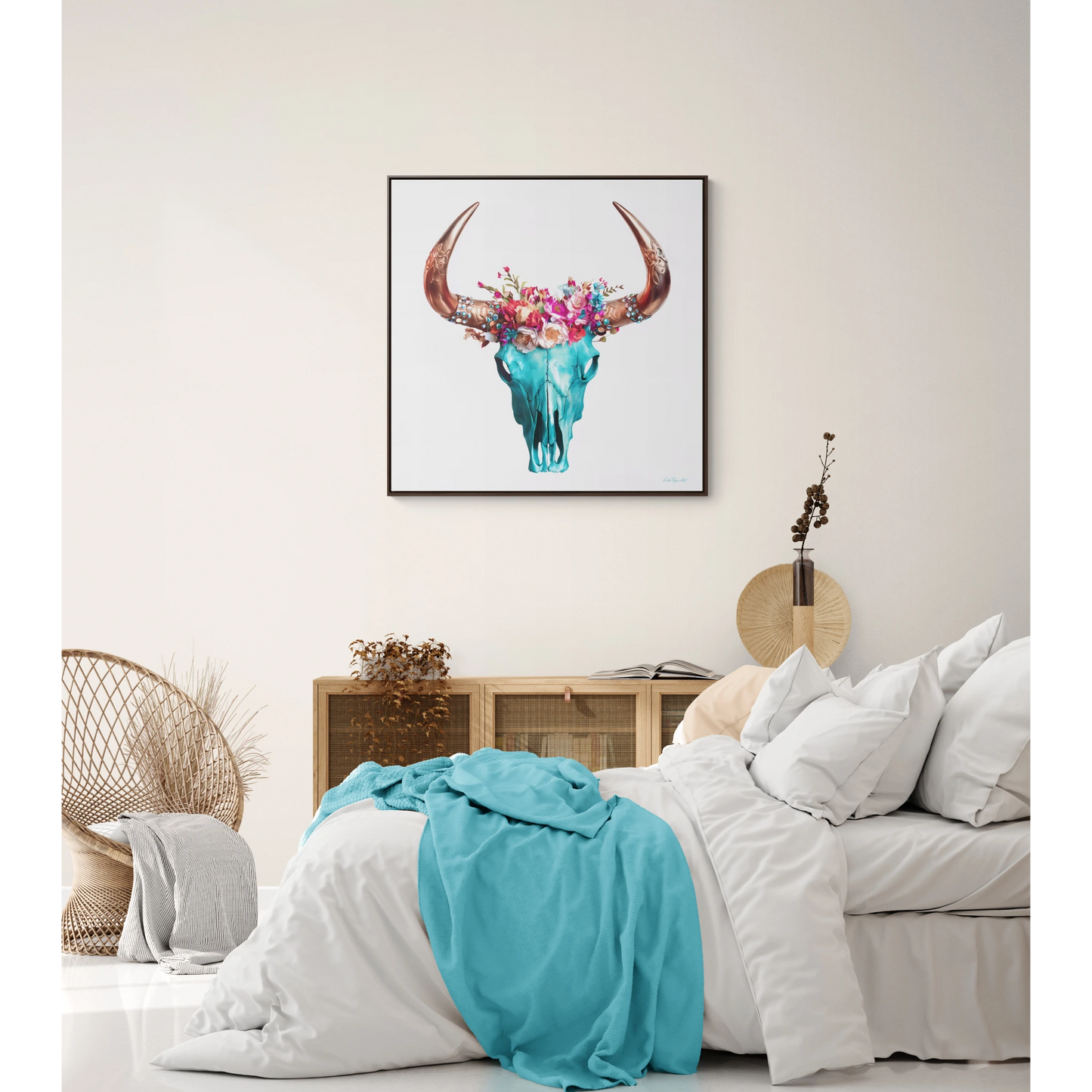 Boho Turquoise Skull Head Square Frame Gallery Canvas Wrap Wall Art, Eclectic Native American Chic, Hippie Floral Horns Decor, Southwest