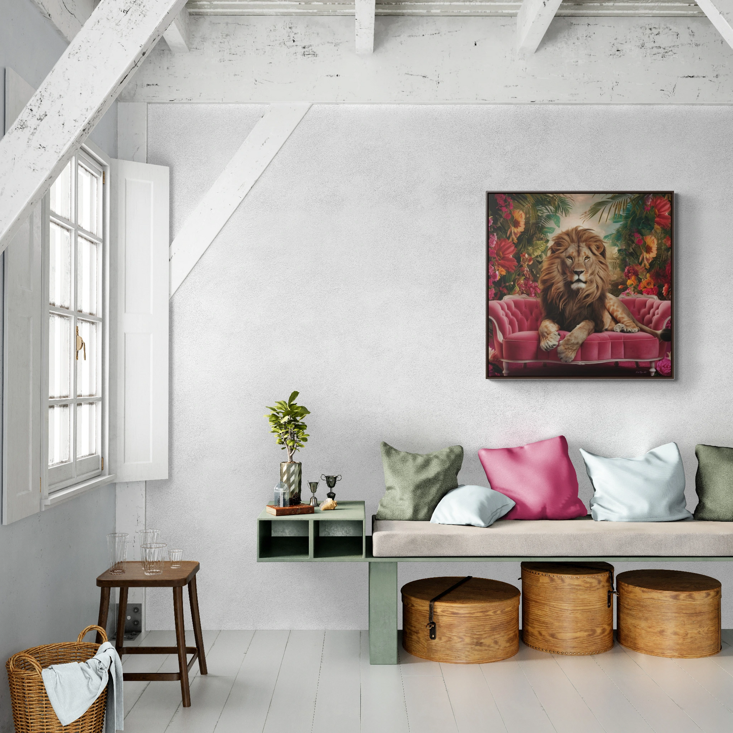 Lion King Square Canvas Wall Art, Majestic Regal Lion with Beautiful Mane on Pink Velvet Couch, Tropical Flowers, Framed Gallery Prints,