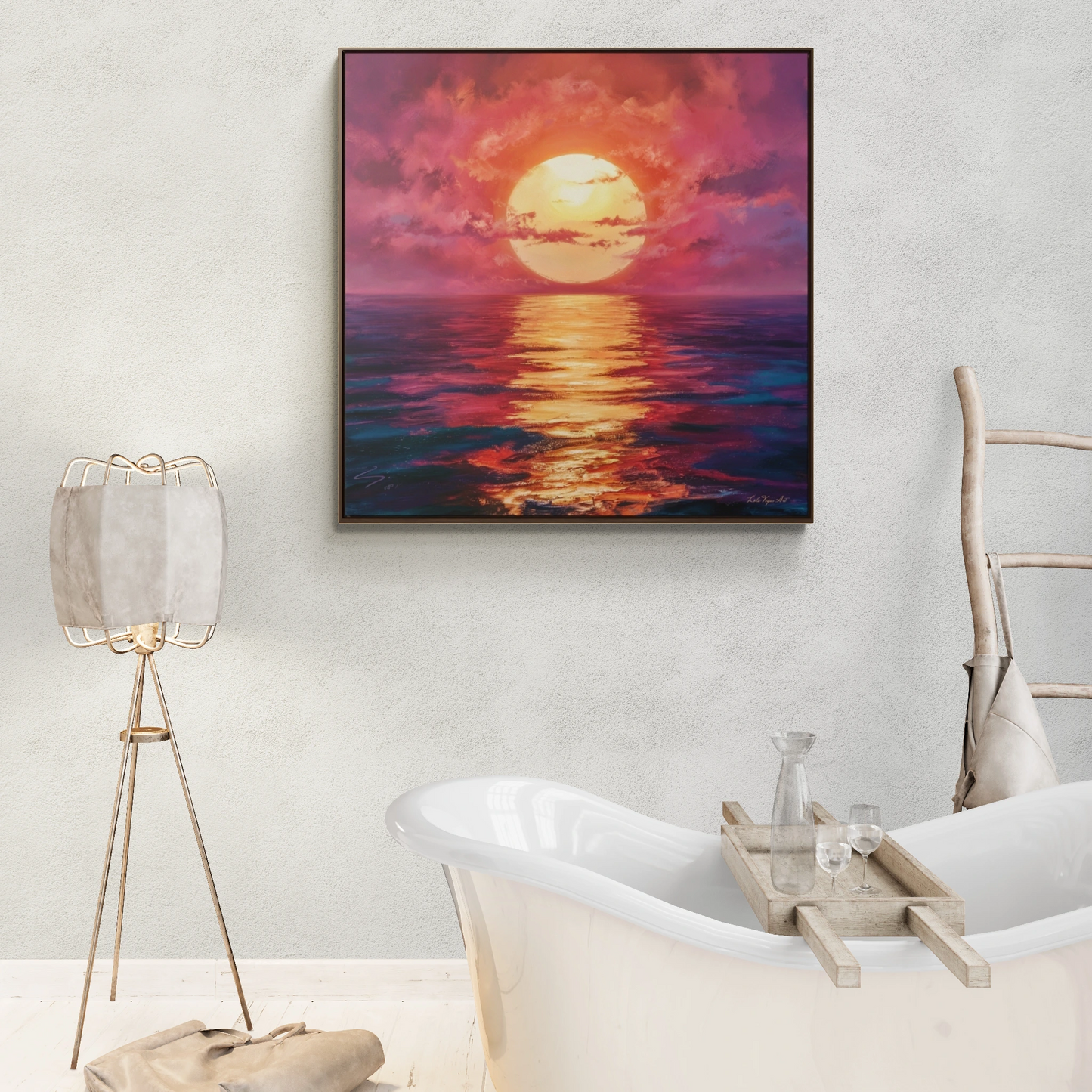 Canvas Wall Art, Moonlight Pink Orange Sky Square Frame Serenity Calmness Decor, Ocean Gallery Wrap, Home Office Decor, Beach House Gift,