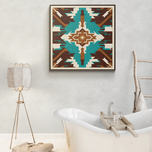 Framed Canvas Art, Native American Boho Wall Decor, Ethnic Home Decoration, Square Frame, Gallery Canvas, Turquoise and Brown Design