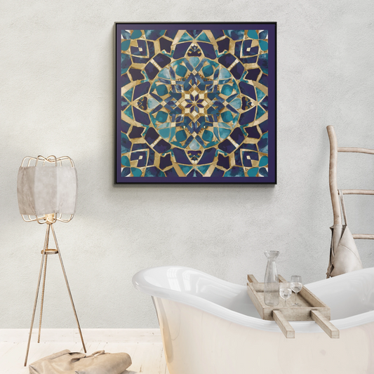 Moroccan Mosaic Canvas Wrap, Ethnic Square Frame Wall Art Painting - Blue and Tan Boho Home Decor, Gallery Artwork, Framed Picture, Living