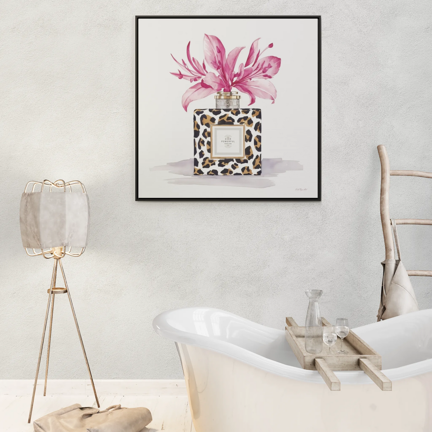 Square Frame Canvas Wall Art, Leopard Print Perfume Bottle with Pink Flowers, Feminine Fashion Decor - Gallery Canvas Wraps, Home Office