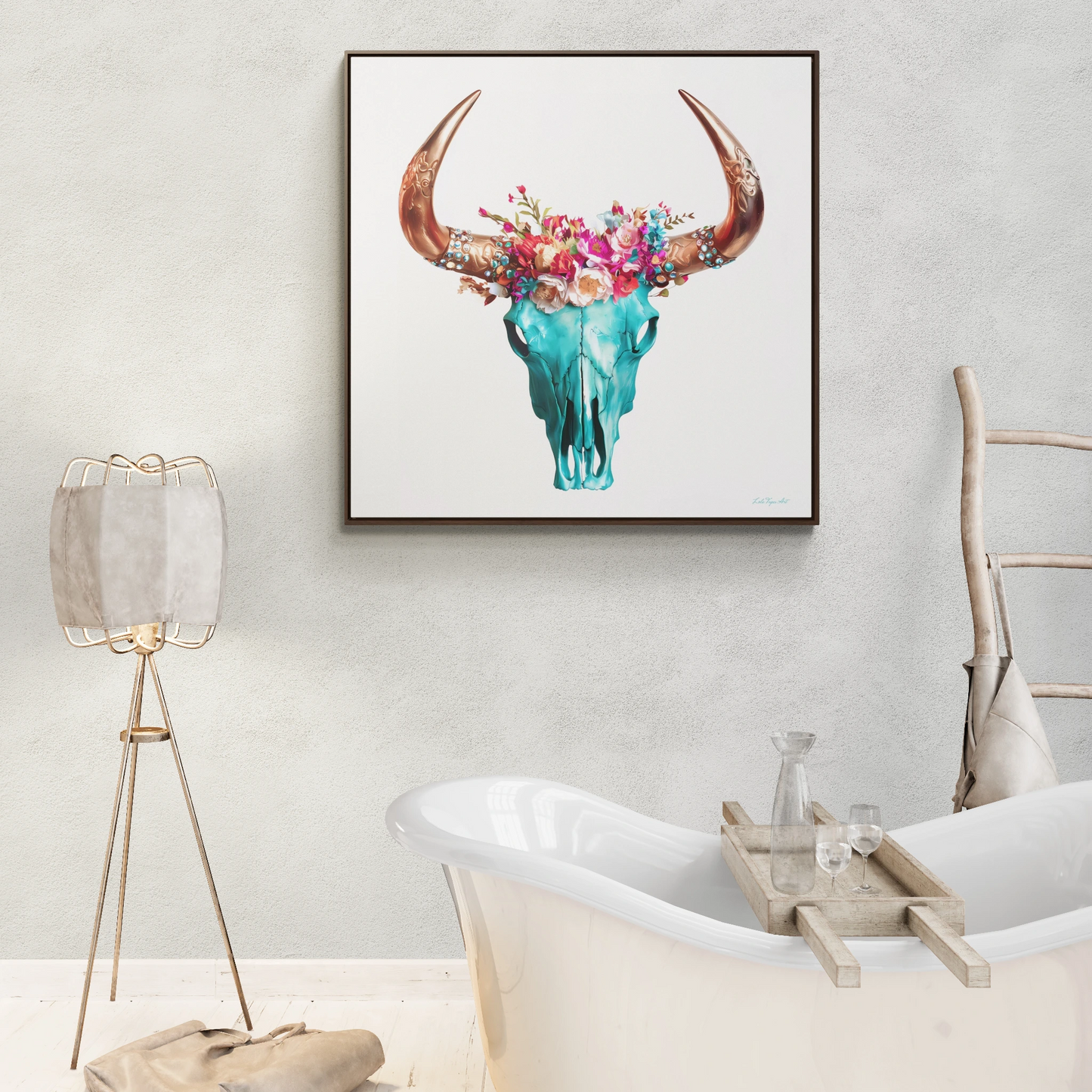 Boho Turquoise Skull Head Square Frame Gallery Canvas Wrap Wall Art, Eclectic Native American Chic, Hippie Floral Horns Decor, Southwest