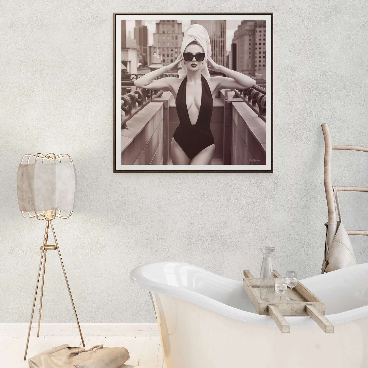 Fashion Model Sepia Art Canvas Wall Wrap, NYC Rooftop Glam Decor, Sexy Swimsuit Square Frame Art, Fashionista Wall Decor, City Chic Home