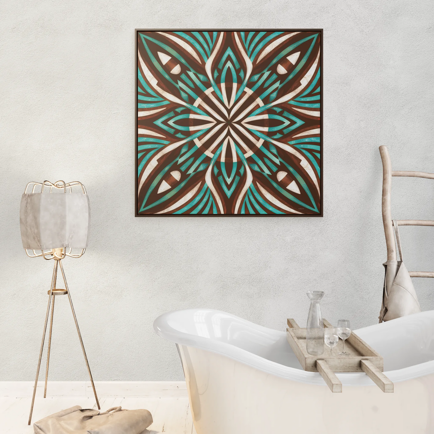 Southwestern Square Canvas Wall Art - Boho Ethnic Home Decor, Turquoise Brown White Frame, Gallery Canvas Wraps