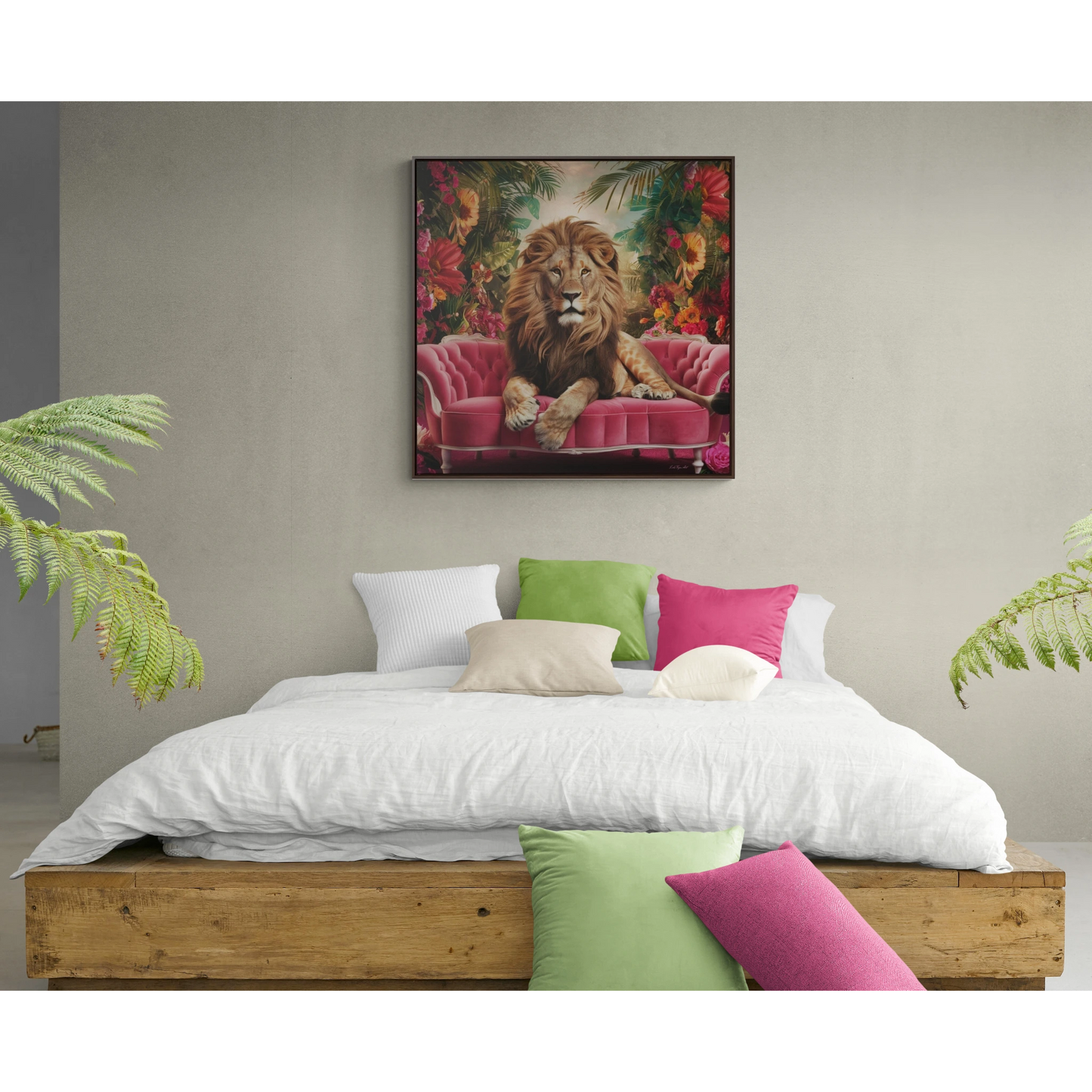 Lion King Square Canvas Wall Art, Majestic Regal Lion with Beautiful Mane on Pink Velvet Couch, Tropical Flowers, Framed Gallery Prints,