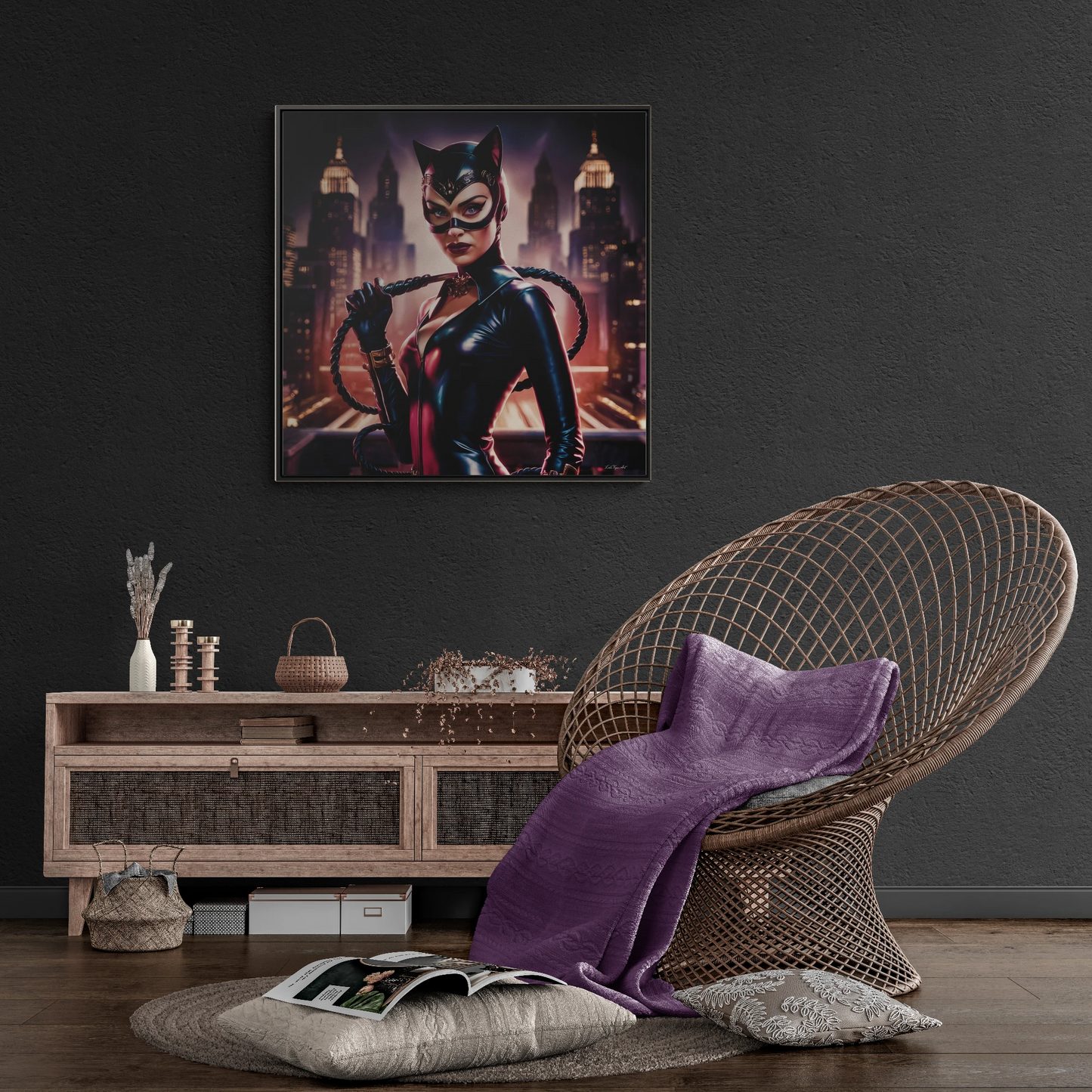 Catwoman Square Frame Canvas Wall Art, Retro Sexy Comic Villain Gallery Wrap, Gotham City Home Decor, Classic Catsuit Design, Bedroom Living