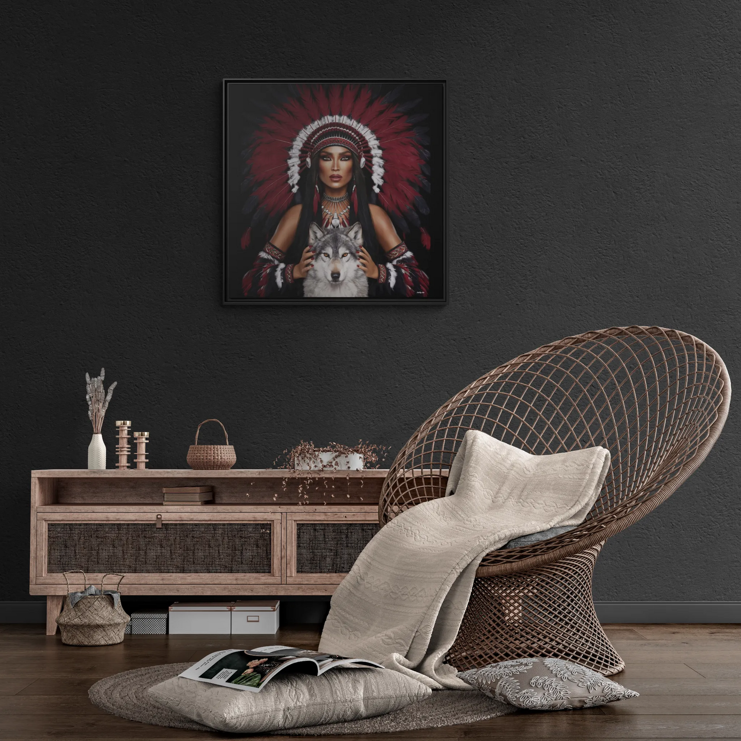 Canvas Wall Art, Native American Woman with White Wolf, Southwestern Home Decor, Square Framed Print, Multi-color, Burgundy Black Feather