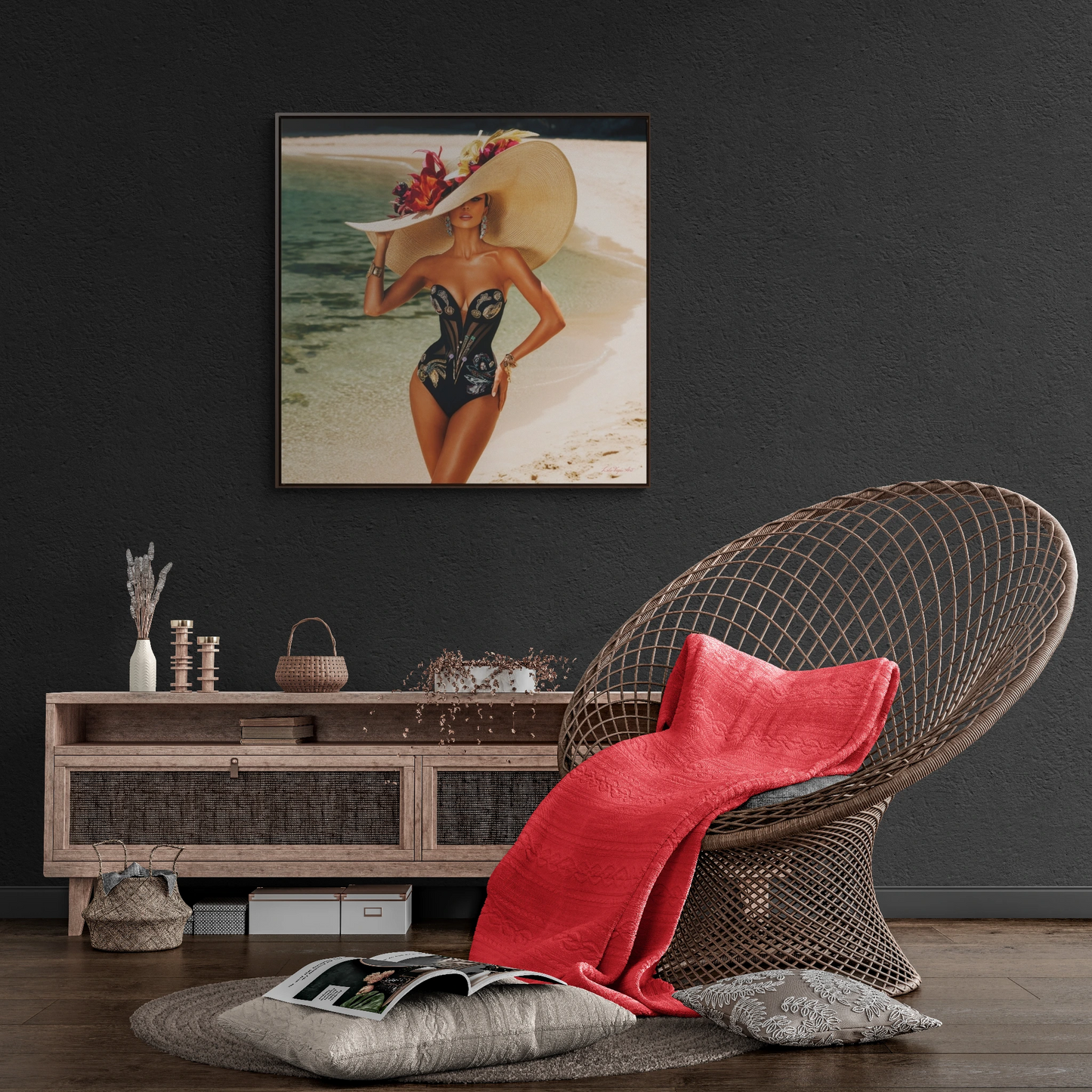 Square Frame Canvas Wall Art, Exotic Woman on Beach in Swimsuit, Retro Glamorous Decor, Gallery Prints, Sunhat Photography, Fine Art Home