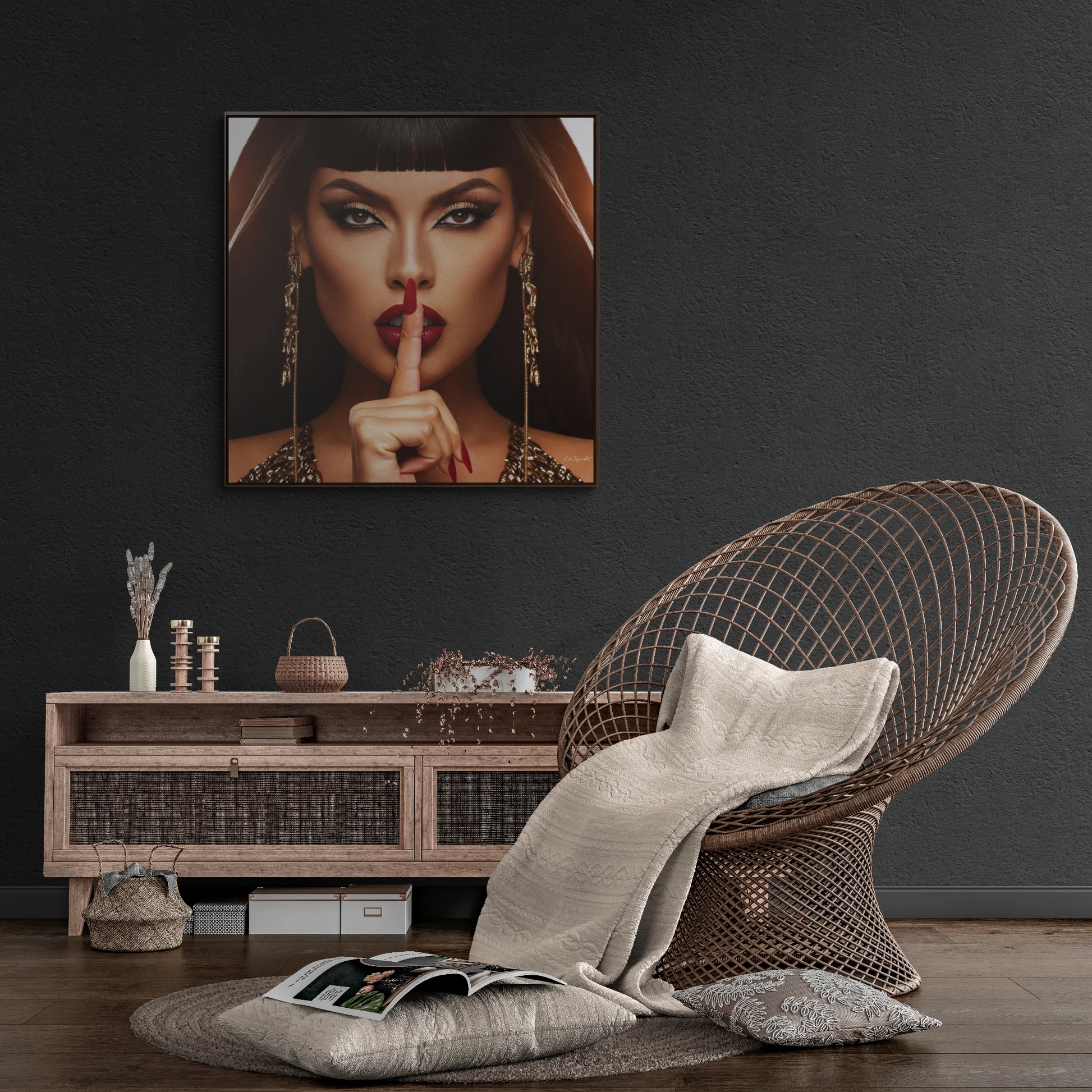 Square Frame Canvas Wall Art - Fine Art Photography of Egyptian Woman, Red Lips, Glamorous Decor, Fashionista, Be Quiet Sign, Gallery Canvas - LOLA VEGAS ART