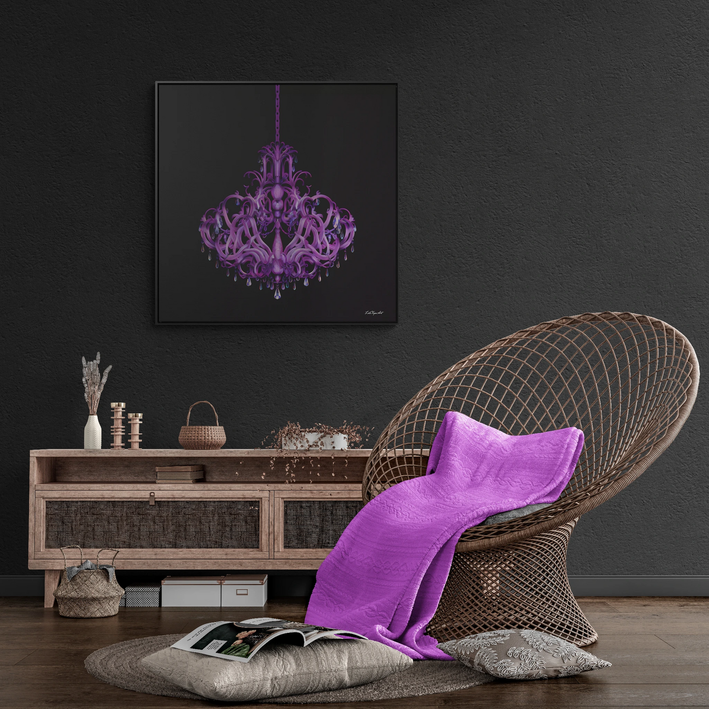 Gothic Crystal Chandelier Square Canvas, Elegant Dramatic Wall Art - Gallery Wraps, Square Frame, Purple Home Decor, Glamorous Gothic Art,