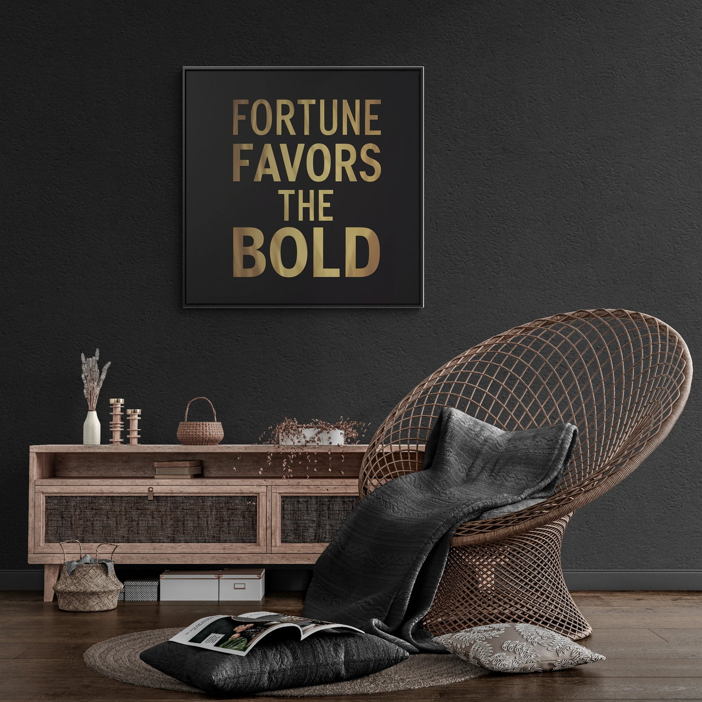 Inspirational Canvas Wall Art, Quote Fortune Favors The Bold, Black Square Frame, Ambitious Decor, Motivational Home Accent, Success Decor