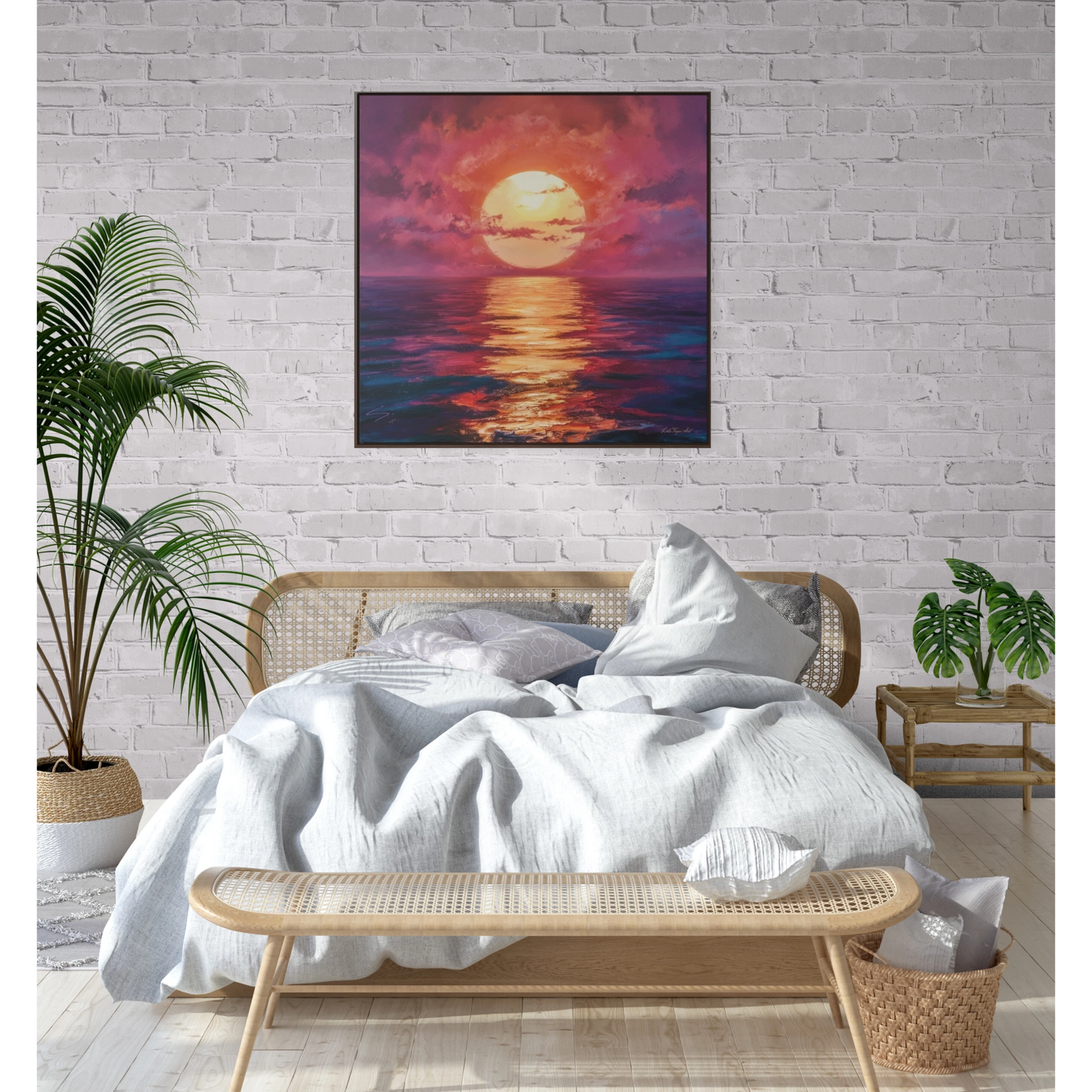 Canvas Wall Art, Moonlight Pink Orange Sky Square Frame Serenity Calmness Decor, Ocean Gallery Wrap, Home Office Decor, Beach House Gift,