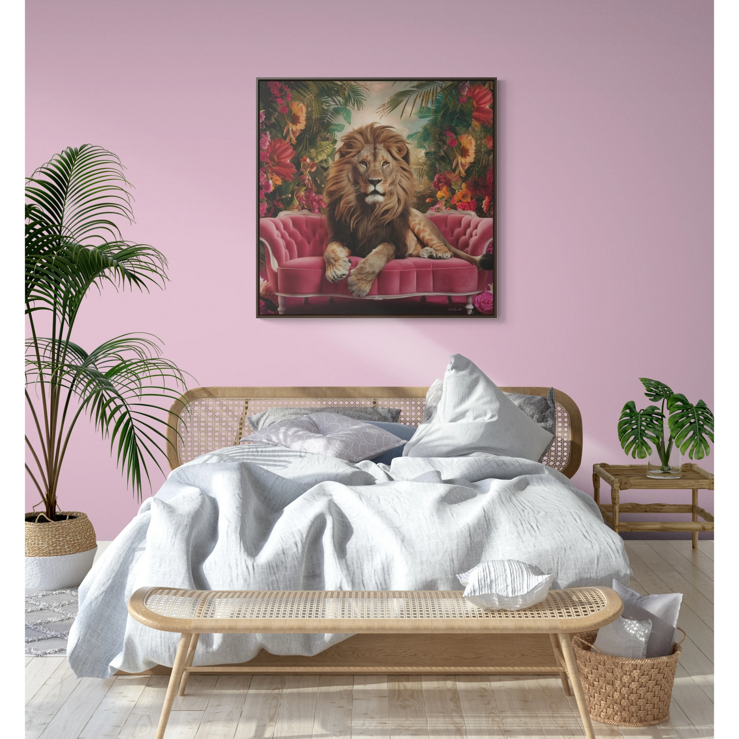 Lion King Square Canvas Wall Art, Majestic Regal Lion with Beautiful Mane on Pink Velvet Couch, Tropical Flowers, Framed Gallery Prints,