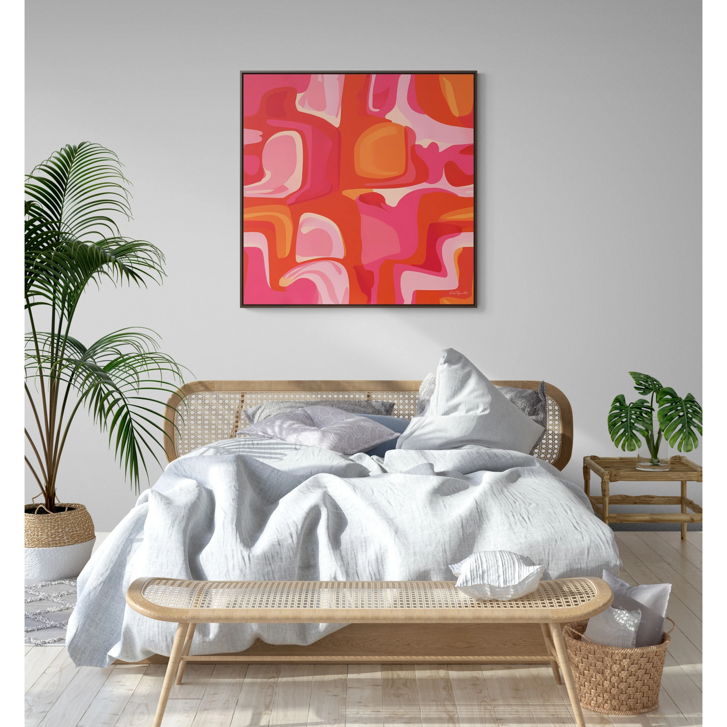 Canvas Wall Art, Pink and Orange Abstract Design, Psychedelic Square Frame Decor, 1960's Vibe Print, Square Gallery Canvas, Home Decor, Wall