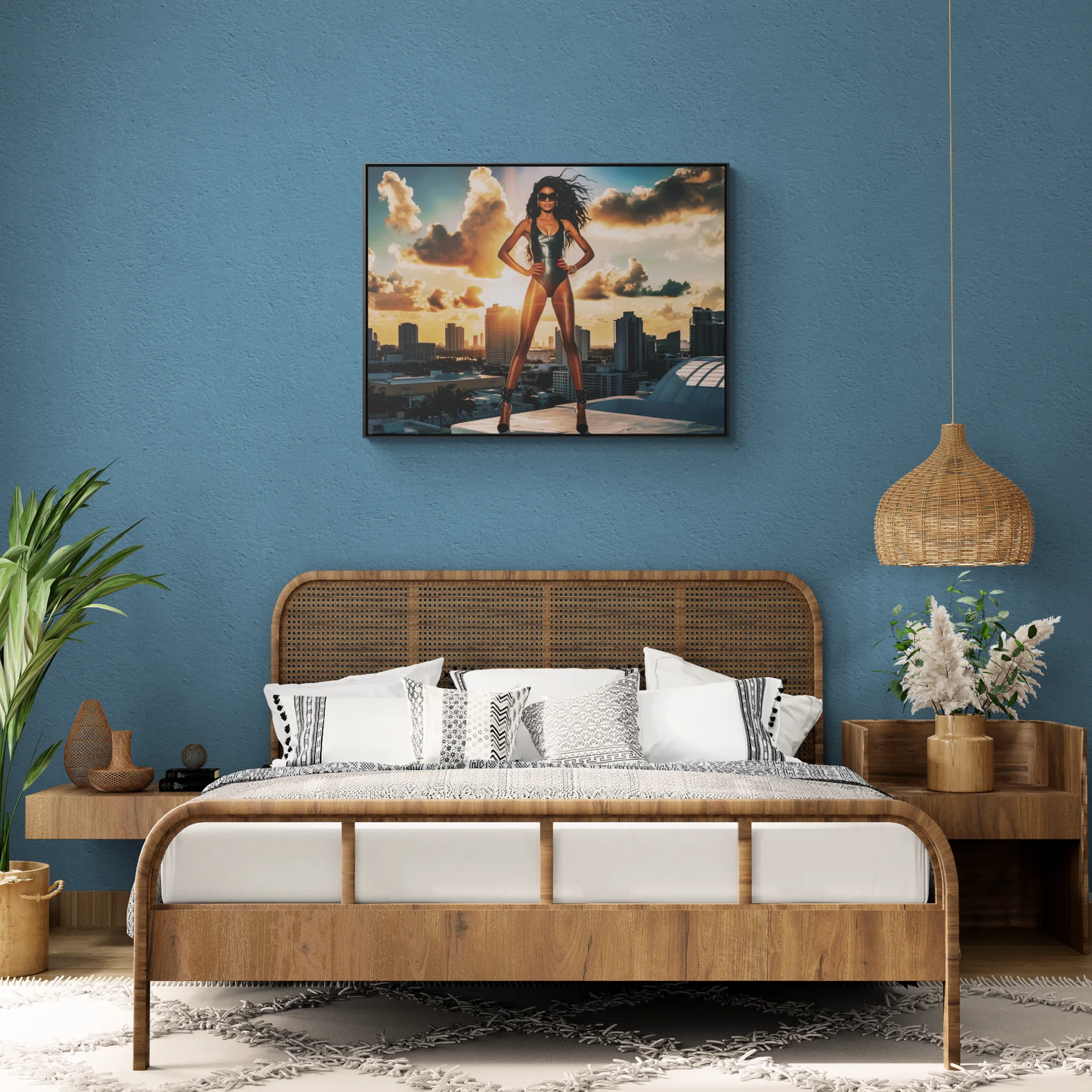 Canvas Wall Art, African American Model in Swimsuit with Miami Skyline, Fashion Decor, Horizontal Frame Home Decor, Gallery Wrap Print