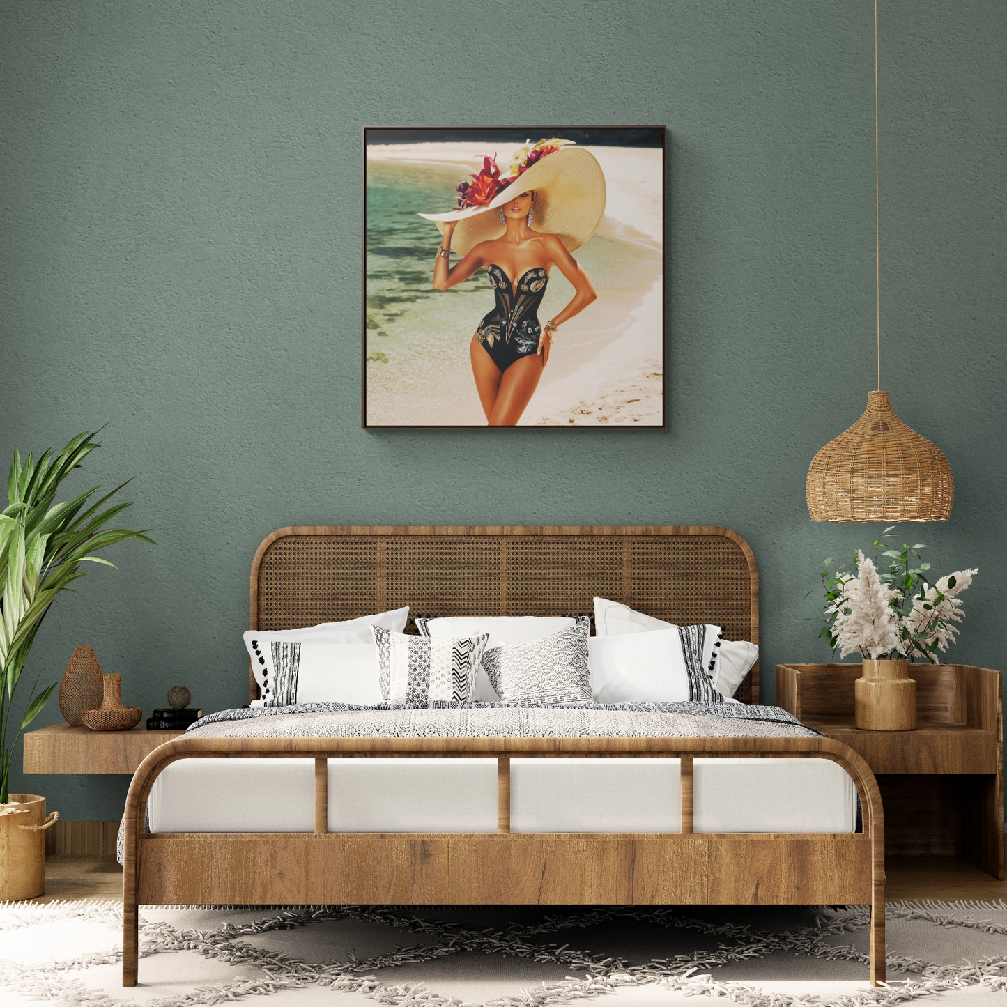 Square Frame Canvas Wall Art, Exotic Woman on Beach in Swimsuit, Retro Glamorous Decor, Gallery Prints, Sunhat Photography, Fine Art Home