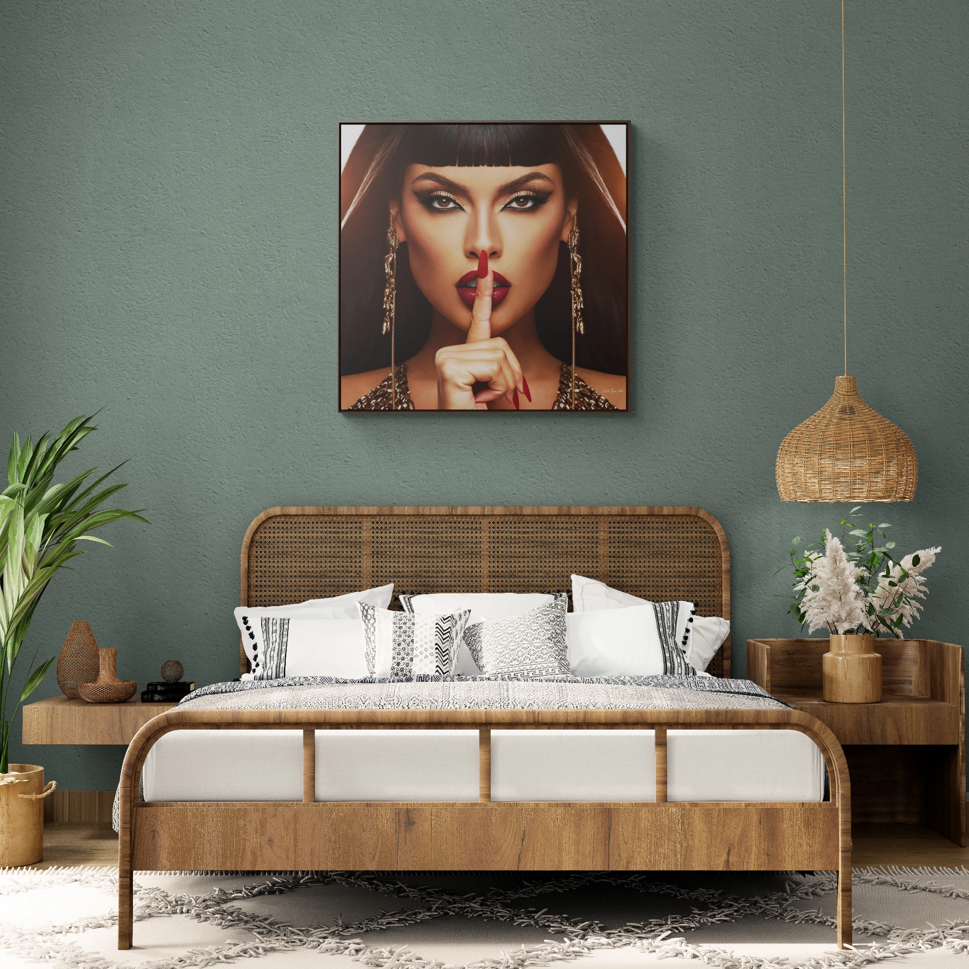 Square Frame Canvas Wall Art - Fine Art Photography of Egyptian Woman, Red Lips, Glamorous Decor, Fashionista, Be Quiet Sign, Gallery Canvas - LOLA VEGAS ART