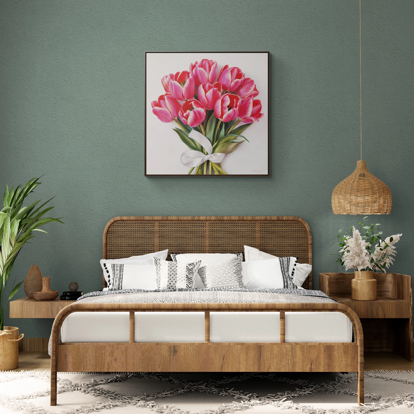 Square Frame Canvas Wall Art, Feminine Pink Tulips Bouquet Gallery Wrap, Home Decor Gift, Floral Print, Living Room Decoration