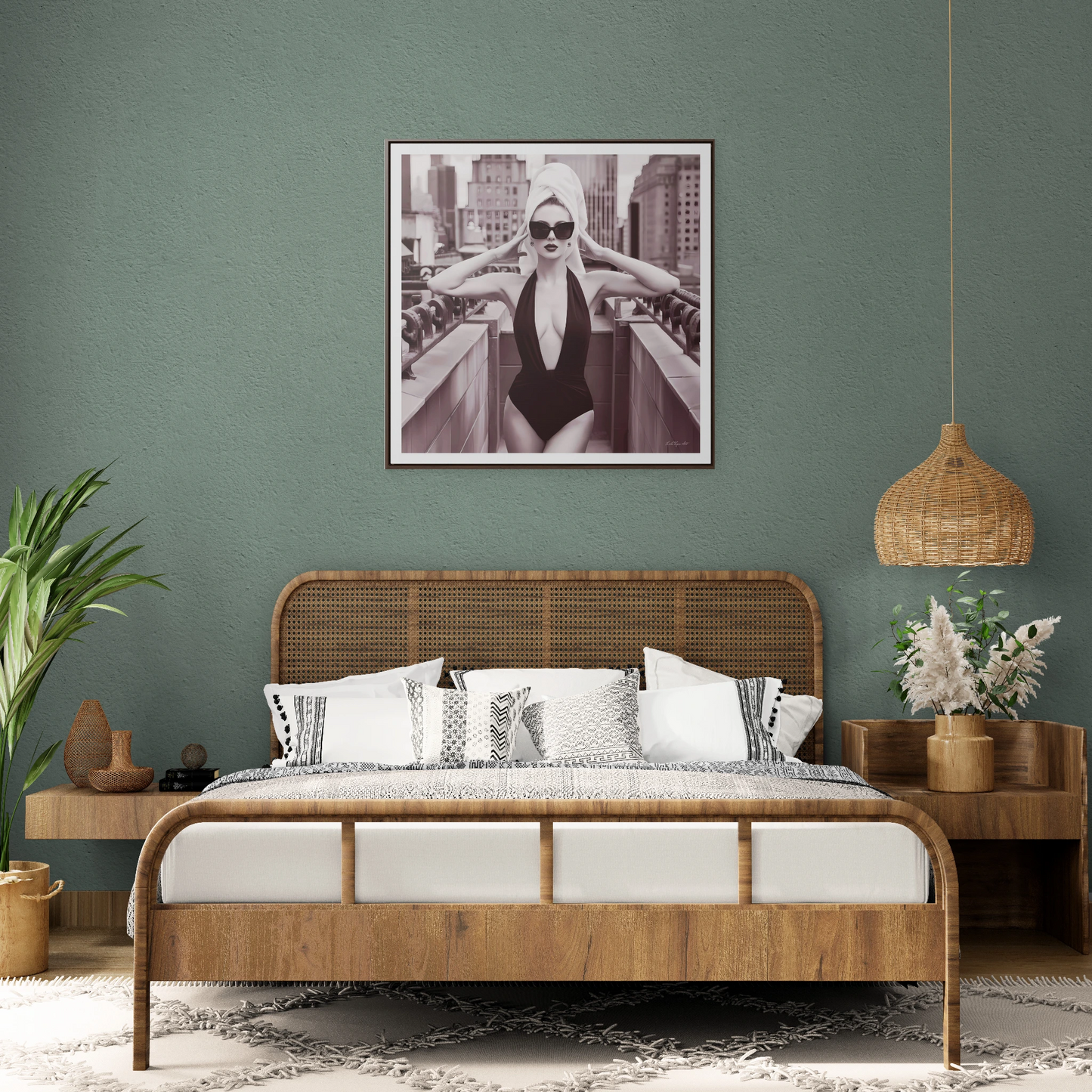 Fashion Model Sepia Art Canvas Wall Wrap, NYC Rooftop Glam Decor, Sexy Swimsuit Square Frame Art, Fashionista Wall Decor, City Chic Home