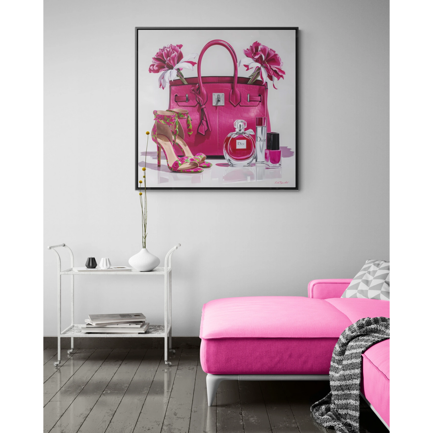 Fashion Square Canvas Wall Art, Pink Designer Handbag Heels Perfume Glam Painting, Gallery Wraps, Fashionista  Room Decor,