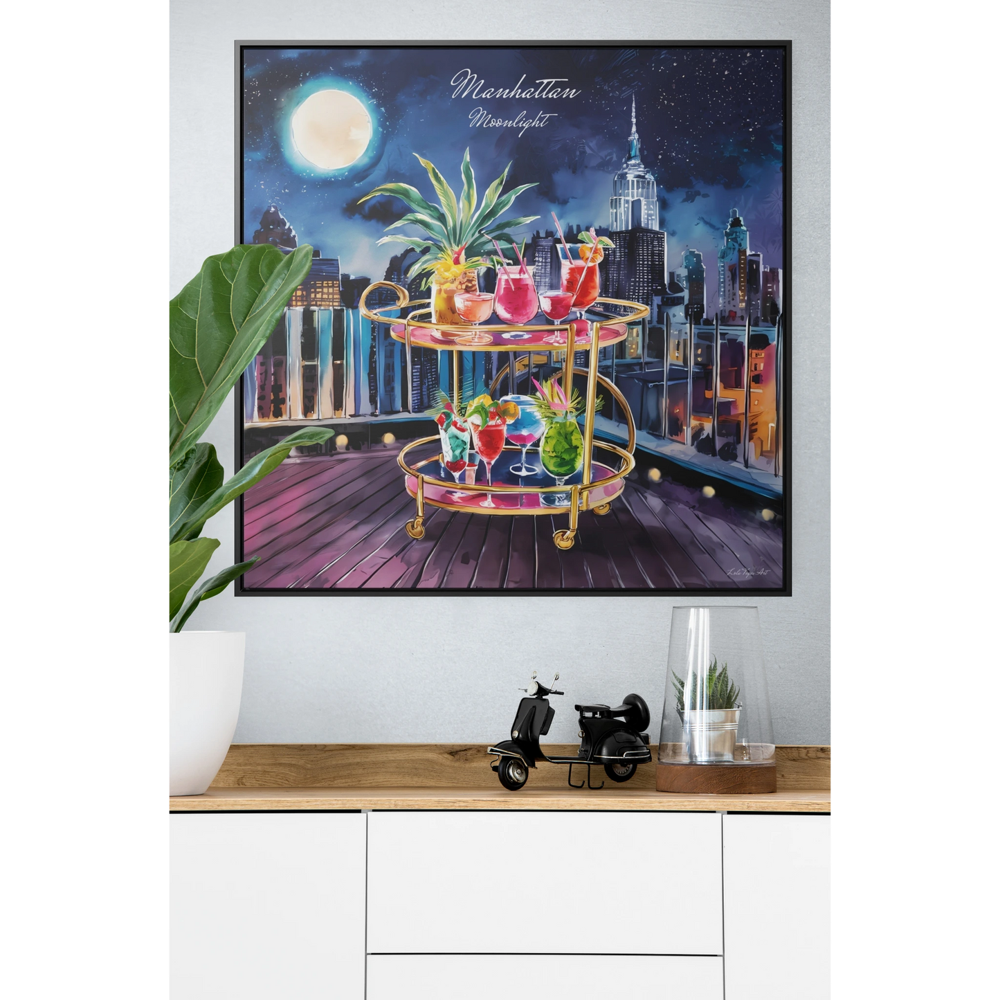 Square Canvas Prints, Rooftop Manhattan Cityscape Wall Art, Bar Cart and Cocktails at Night, Full Moon, Gallery Wrap, Square Frame, Home