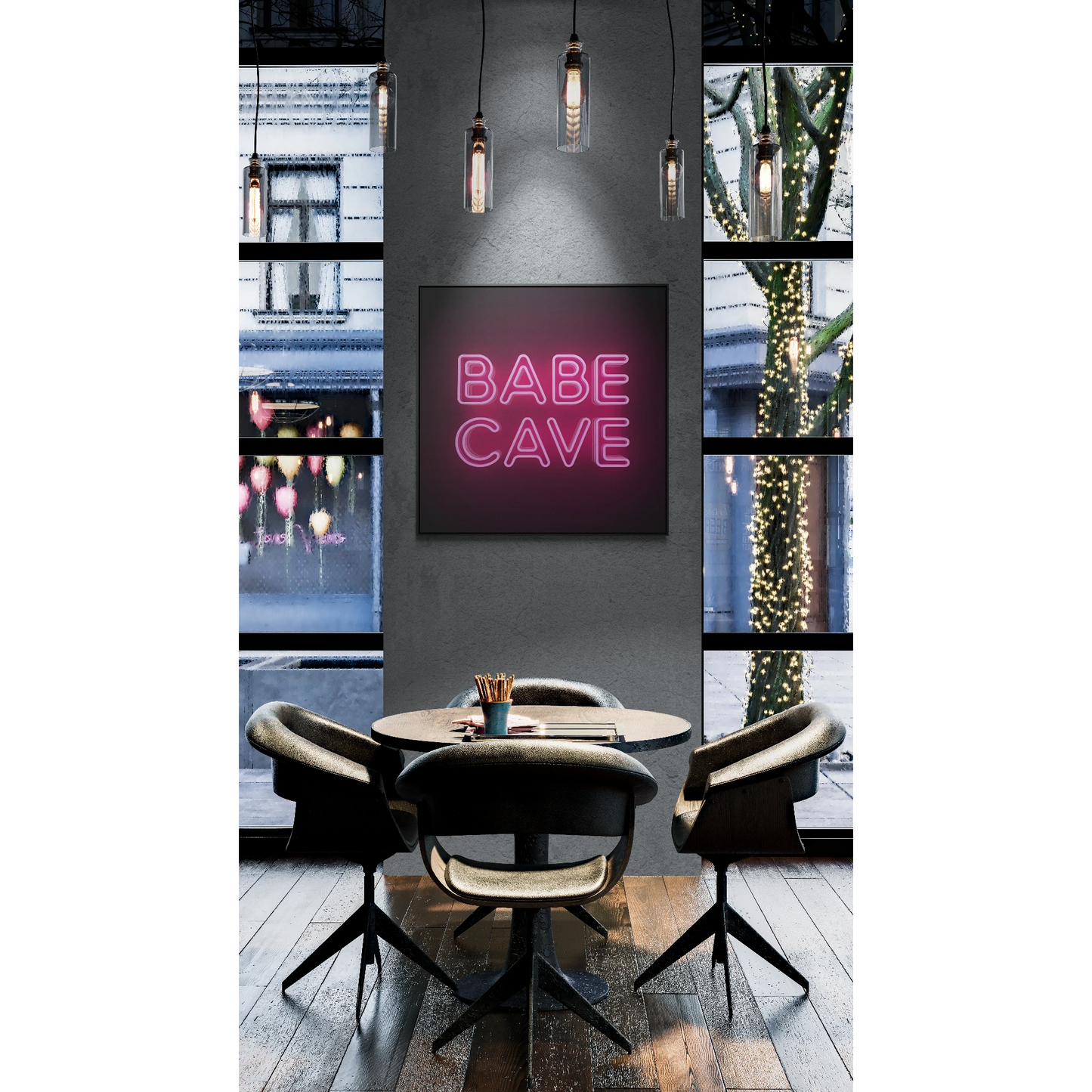 Canvas Wall Art Babe Cave, Feminine Pink Neon Typography Square Framed Decor, Square Frame Wall Hanging, Trendy Gallery Canvas Print, Home