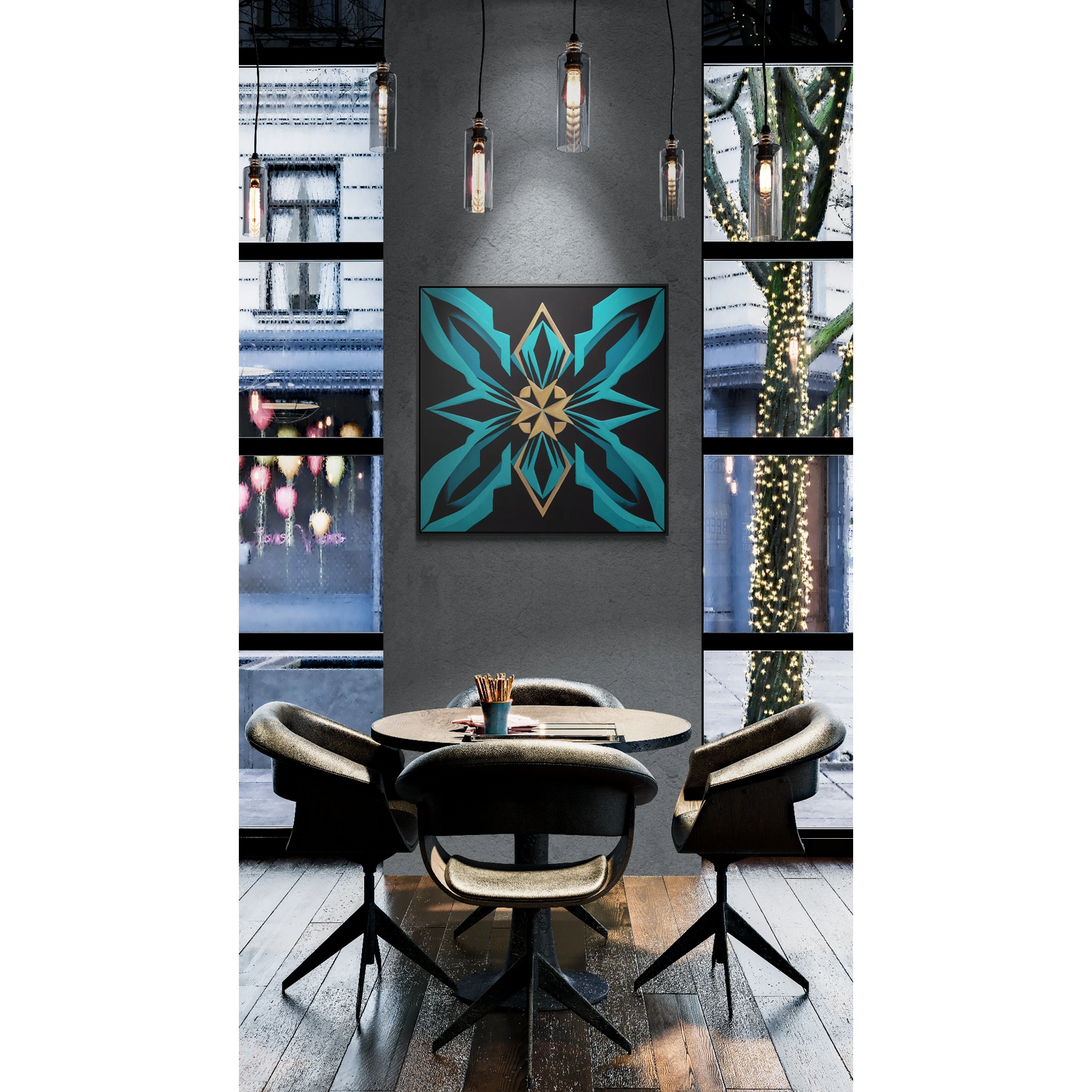 Art Deco Square Canvas Wall Art, Gallery Canvas Wraps, Turquoise and Gold Home Decor, Black Canvas Frame, Modern Wall Hanging, Office Decor,