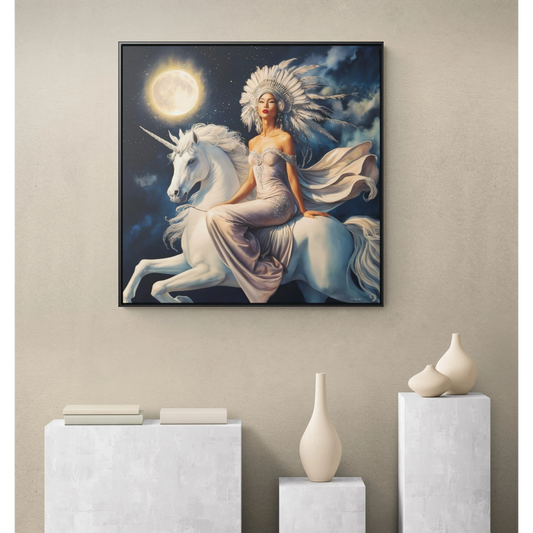 Fantasy Native American Princess Unicorn Square Canvas Wall Art, Night Full Moon Square Frame, Nursery Decor, Boho Chic Gift, Home Decor