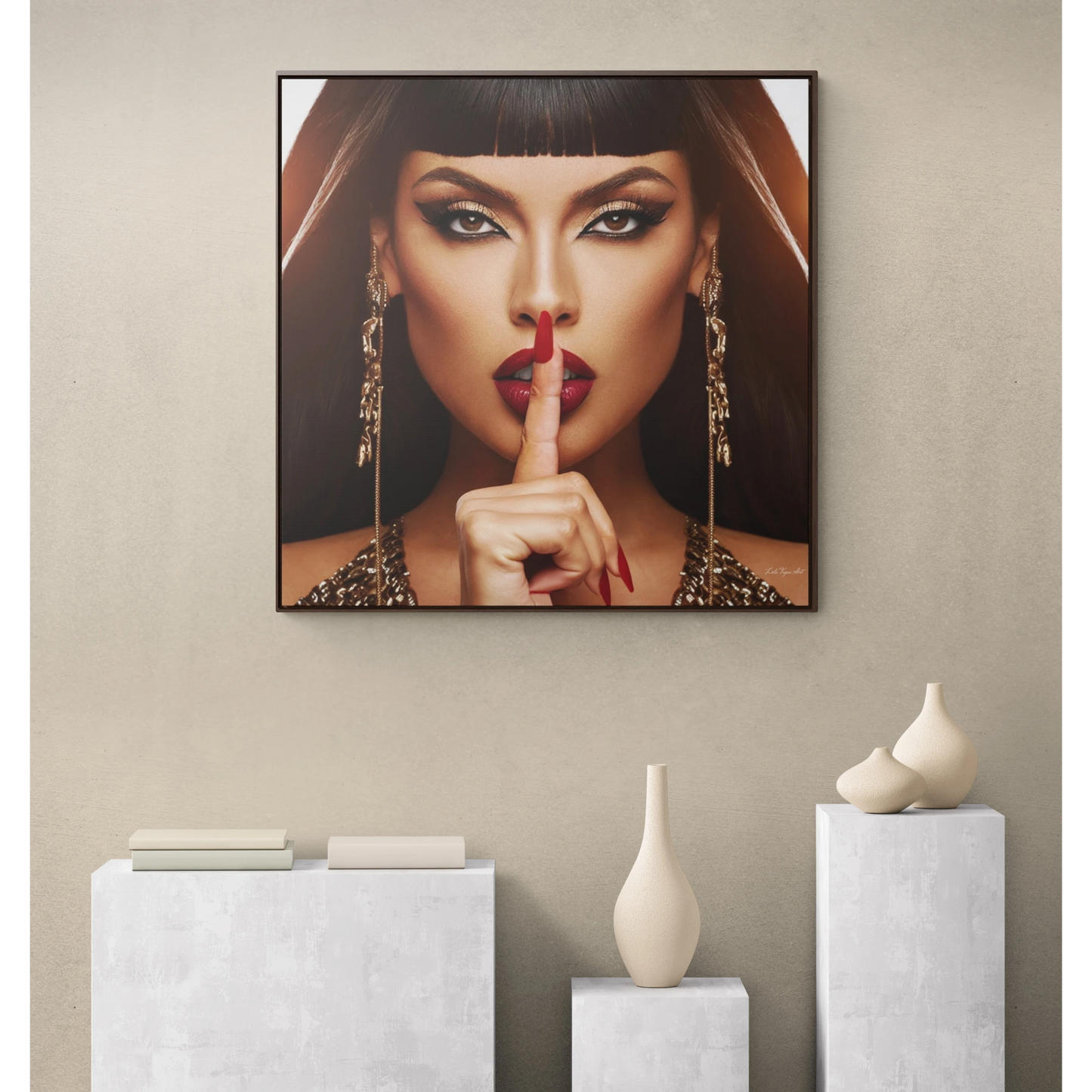 Square Frame Canvas Wall Art - Fine Art Photography of Egyptian Woman, Red Lips, Glamorous Decor, Fashionista, Be Quiet Sign, Gallery Canvas - LOLA VEGAS ART