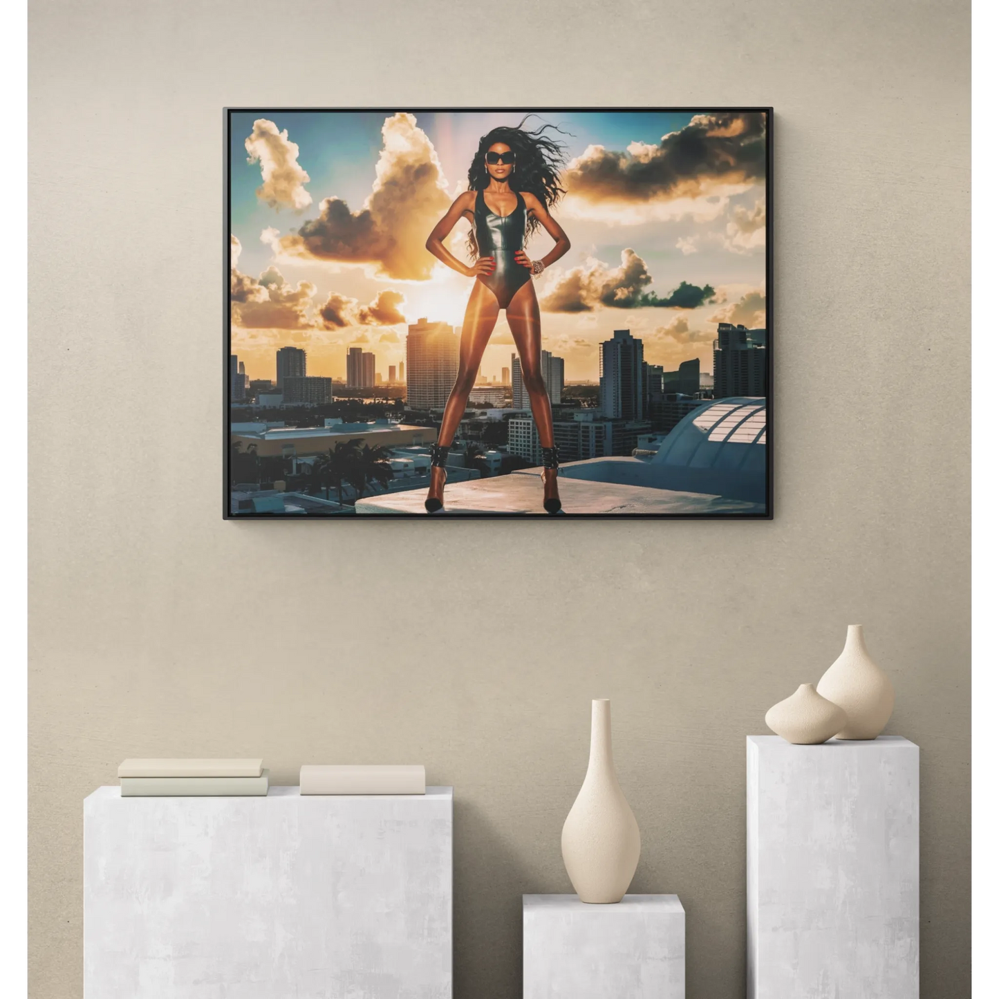 Canvas Wall Art, African American Model in Swimsuit with Miami Skyline, Fashion Decor, Horizontal Frame Home Decor, Gallery Wrap Print