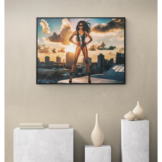 Canvas Wall Art, African American Model in Swimsuit with Miami Skyline, Fashion Decor, Horizontal Frame Home Decor, Gallery Wrap Print