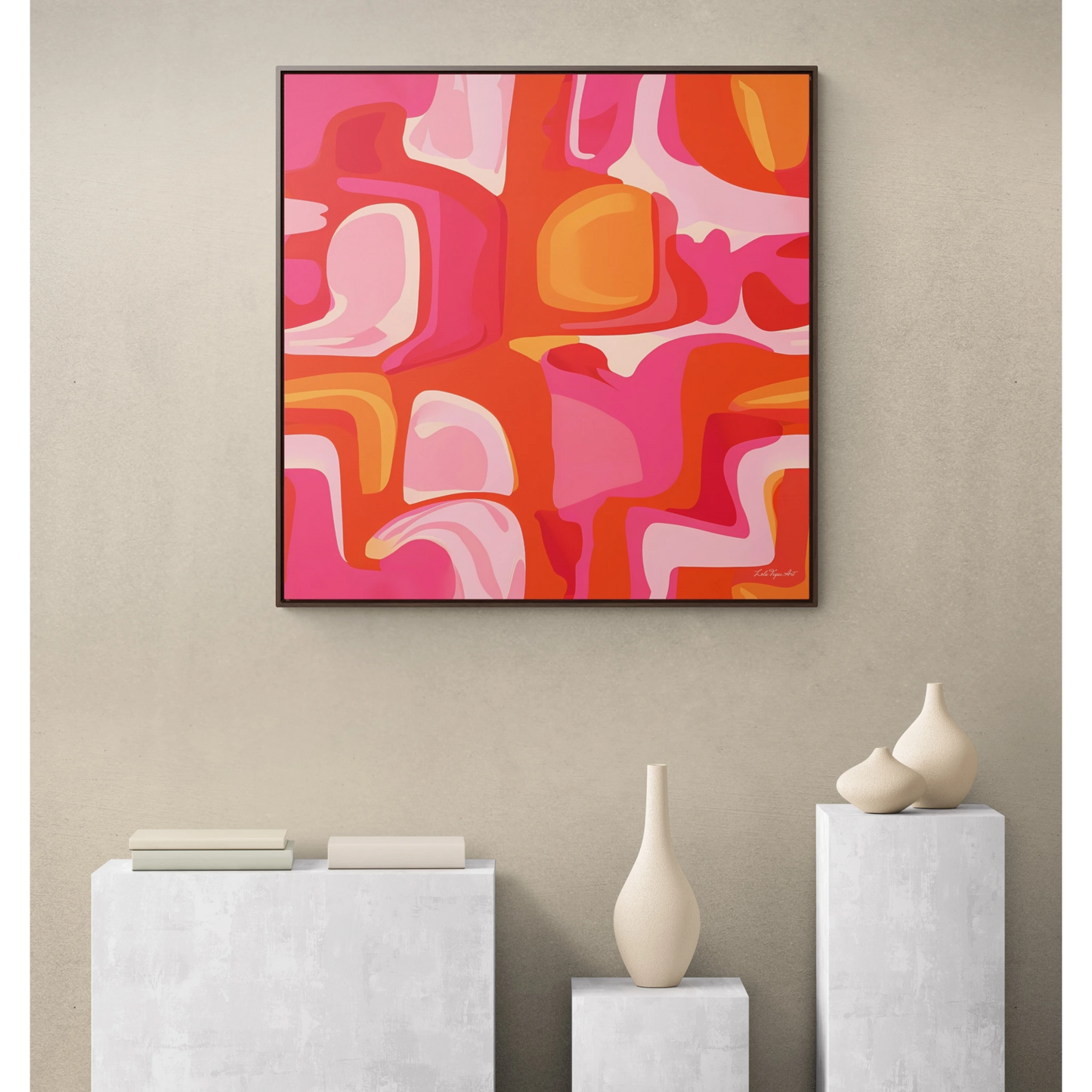 Canvas Wall Art, Pink and Orange Abstract Design, Psychedelic Square Frame Decor, 1960's Vibe Print, Square Gallery Canvas, Home Decor, Wall