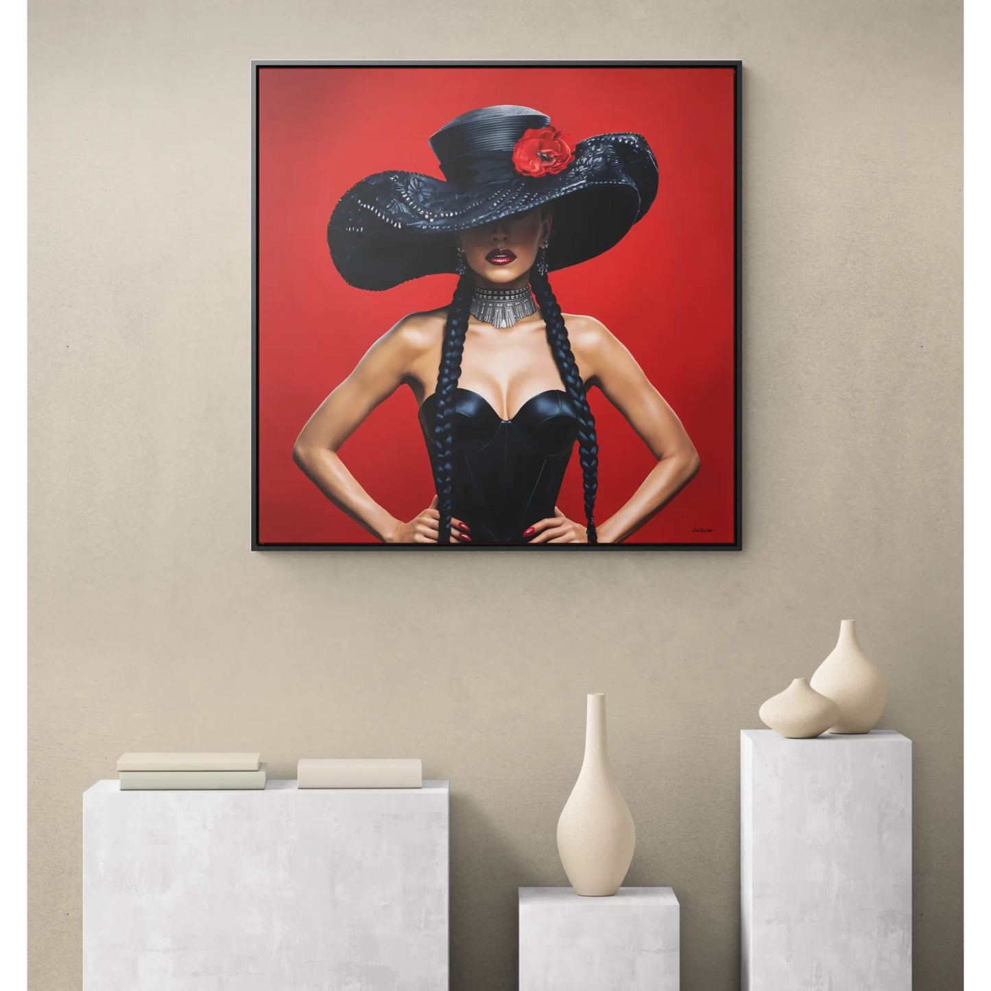 Square Canvas Wall Art, Latina Woman Black Hat Red Flower, Feminine Home Decor, Eclectic Art, Gallery Canvas Wrap, Square Frame