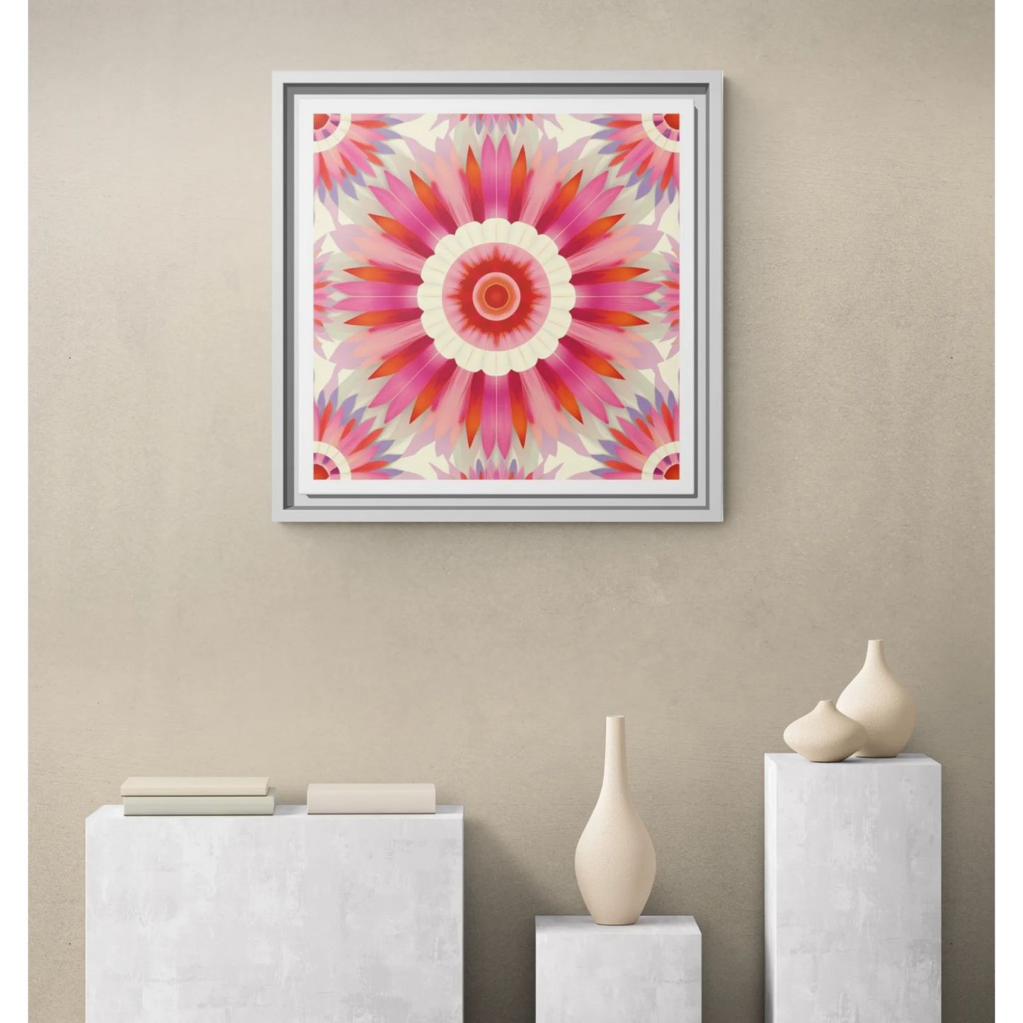 Canvas Art, Pink Purple Cream Boho Flower Framed Square Wall Decor, Southwestern Feminine Bohemian Home Decoration, Floral Artwork Print,