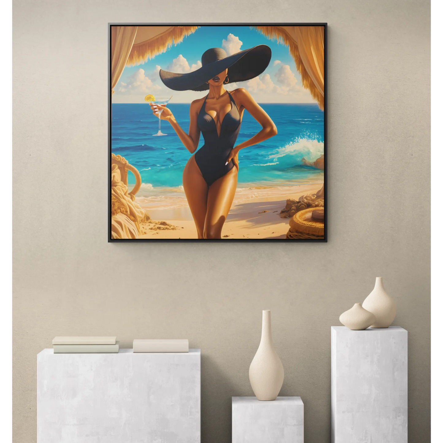 Canvas Wall Art, Woman in Sunhat at Beach with Martini, Home Decor, Square Frame, Vacation, Summer, Ocean View, Tropical Artwork, Beach