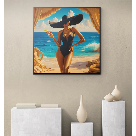 Canvas Wall Art, Woman in Sunhat at Beach with Martini, Home Decor, Square Frame, Vacation, Summer, Ocean View, Tropical Artwork, Beach