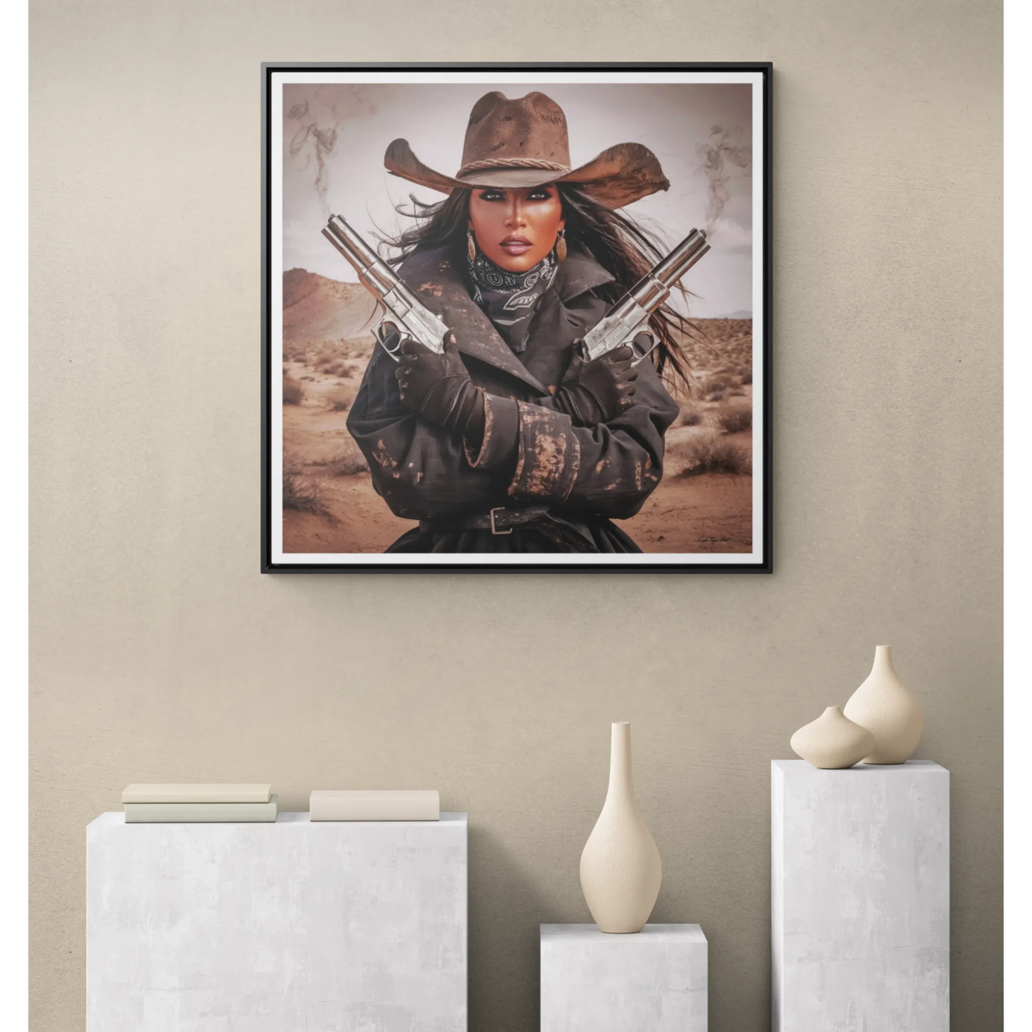 Southwestern Outlaw Queen Square Canvas Wall Art, Female Portrait, Desert Home Decor, Tough Woman in the Desert, Gallery Canvas Wraps, - LOLA VEGAS ART