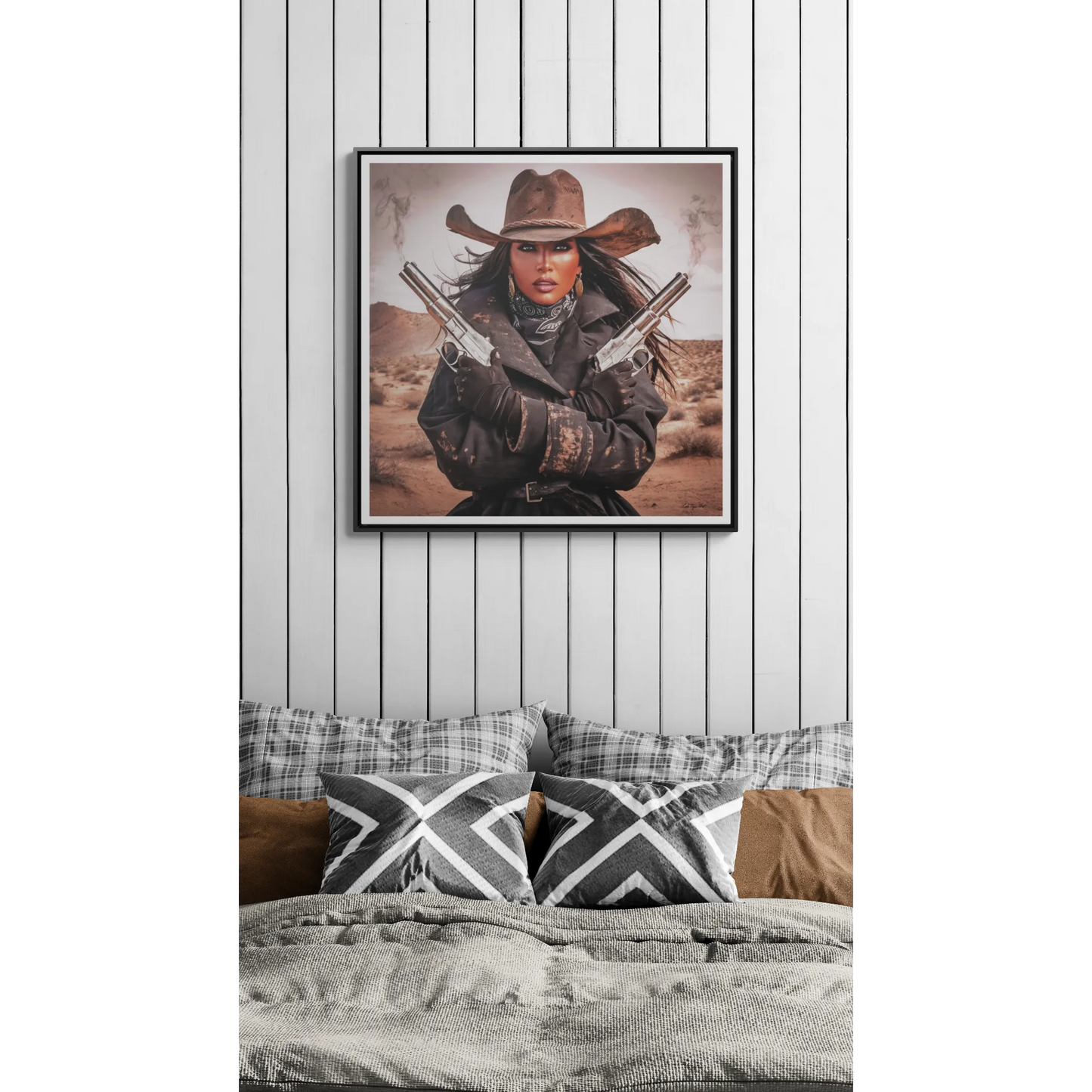 Southwestern Outlaw Queen Square Canvas Wall Art, Female Portrait, Desert Home Decor, Tough Woman in the Desert, Gallery Canvas Wraps, - LOLA VEGAS ART